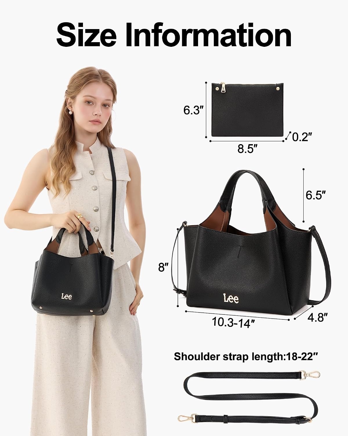 image:imageLee Womens TopHandle Handbags Leather Tote Bag with Two Detachable PurseBlack