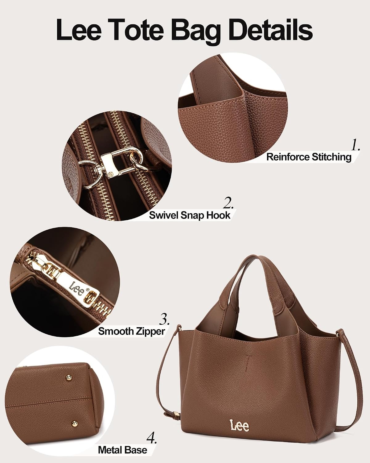 image:imageLee Womens TopHandle Handbags Leather Tote Bag with Two Detachable PurseBrown