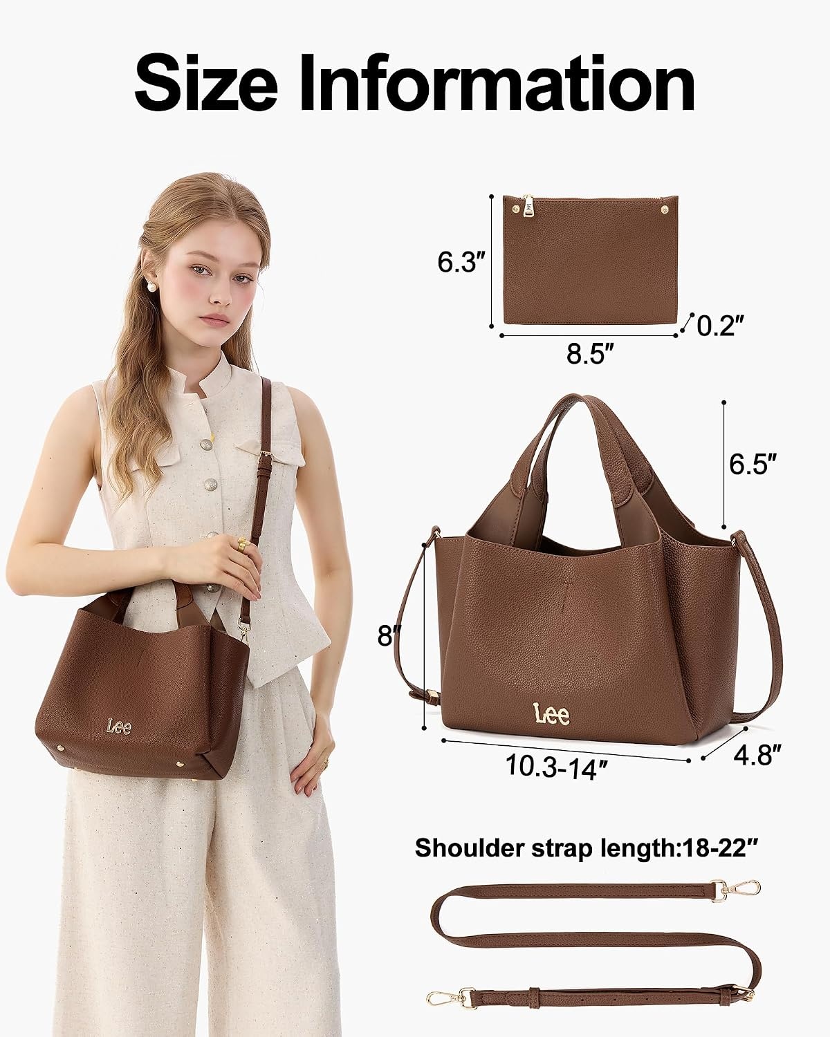 image:imageLee Womens TopHandle Handbags Leather Tote Bag with Two Detachable PurseBrown