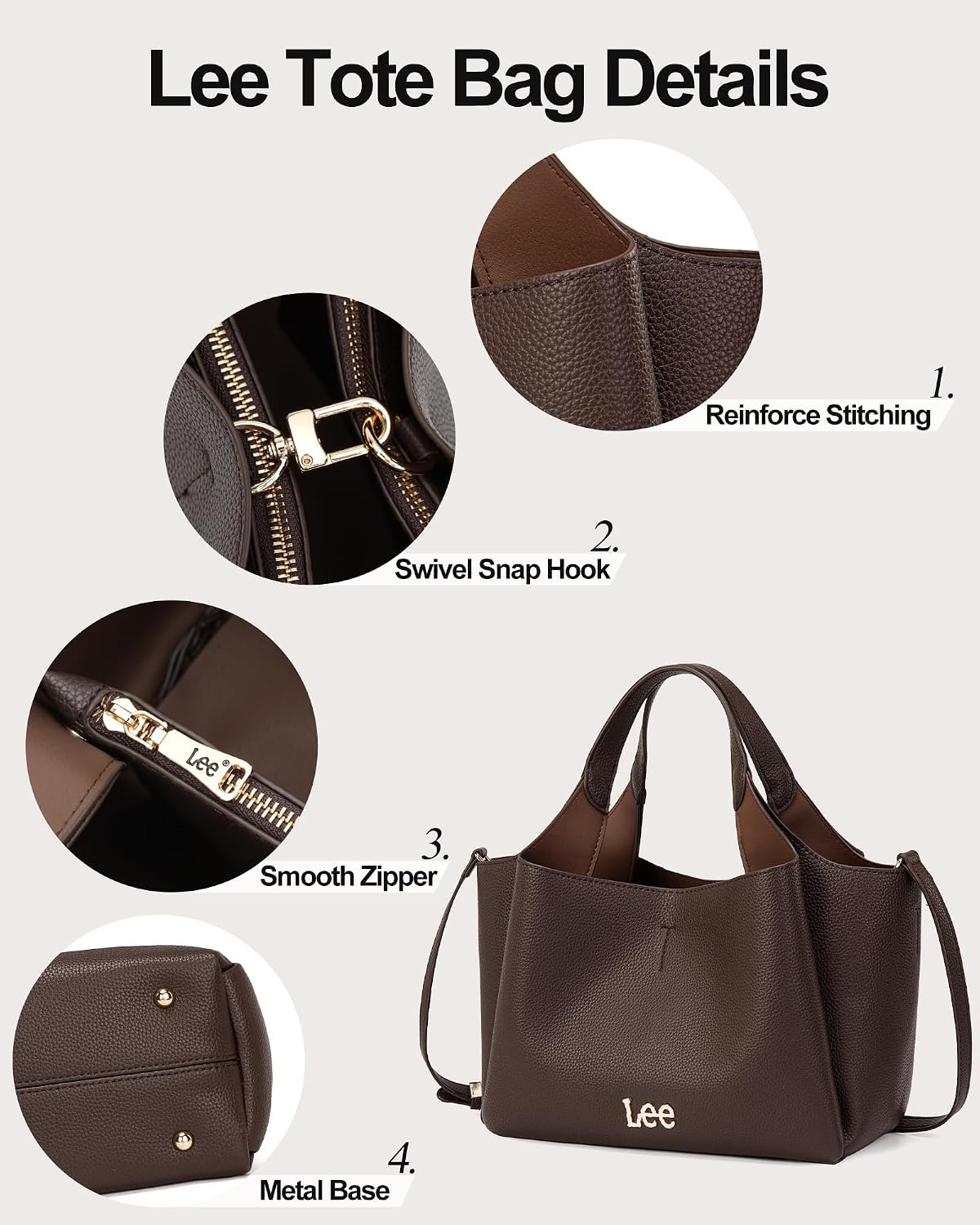 image:imageLee Womens TopHandle Handbags Leather Tote Bag with Two Detachable PurseCoffee