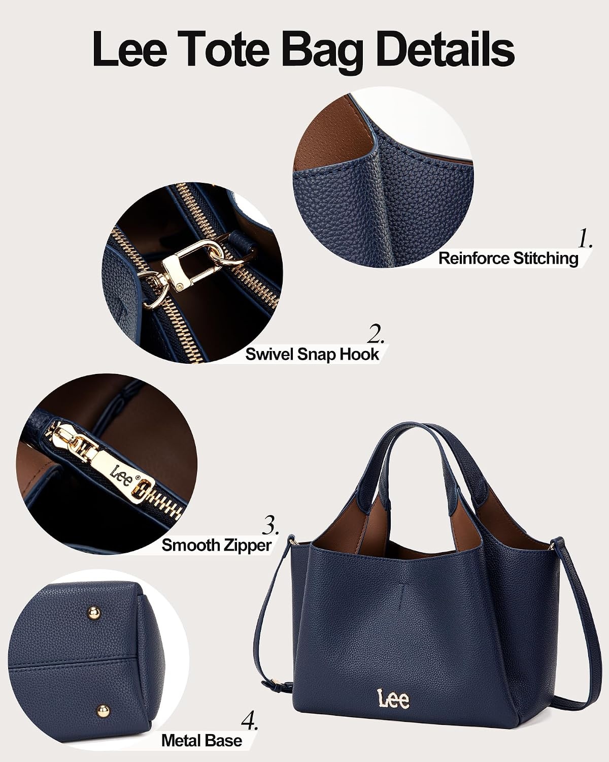 image:imageLee Womens TopHandle Handbags Leather Tote Bag with Two Detachable PurseDark Blue