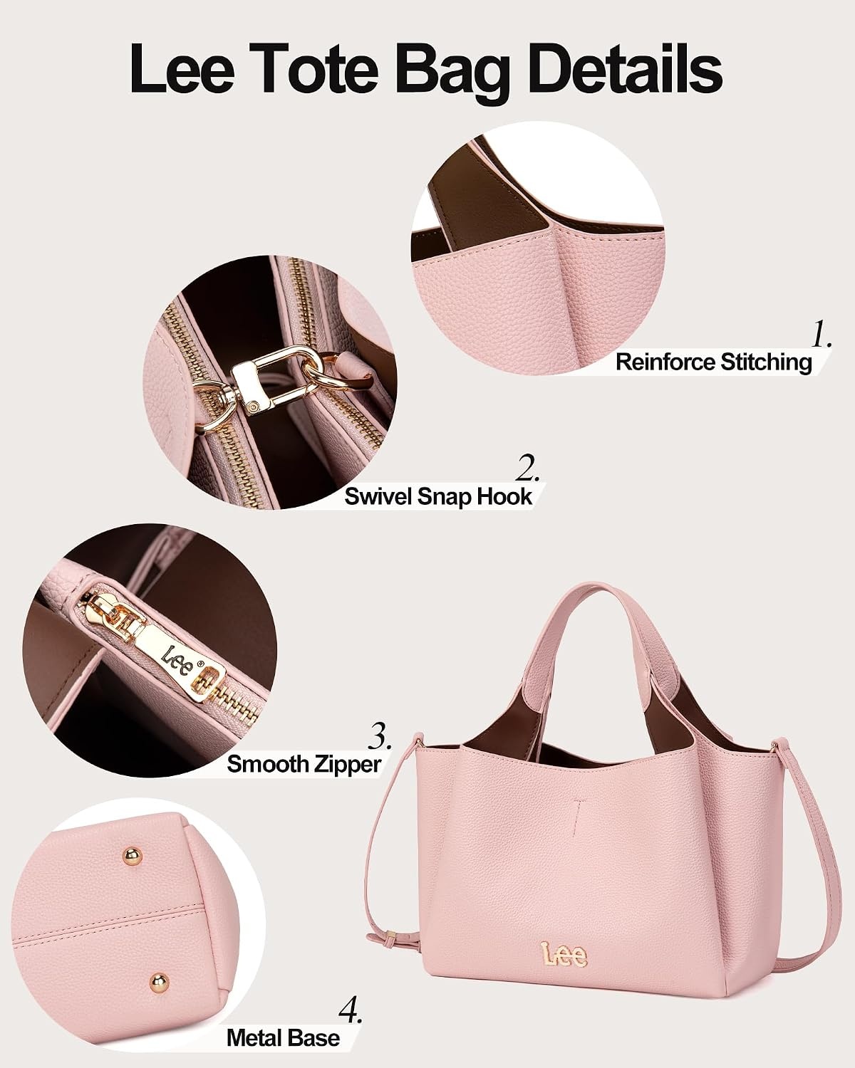 image:imageLee Womens TopHandle Handbags Leather Tote Bag with Two Detachable PursePink