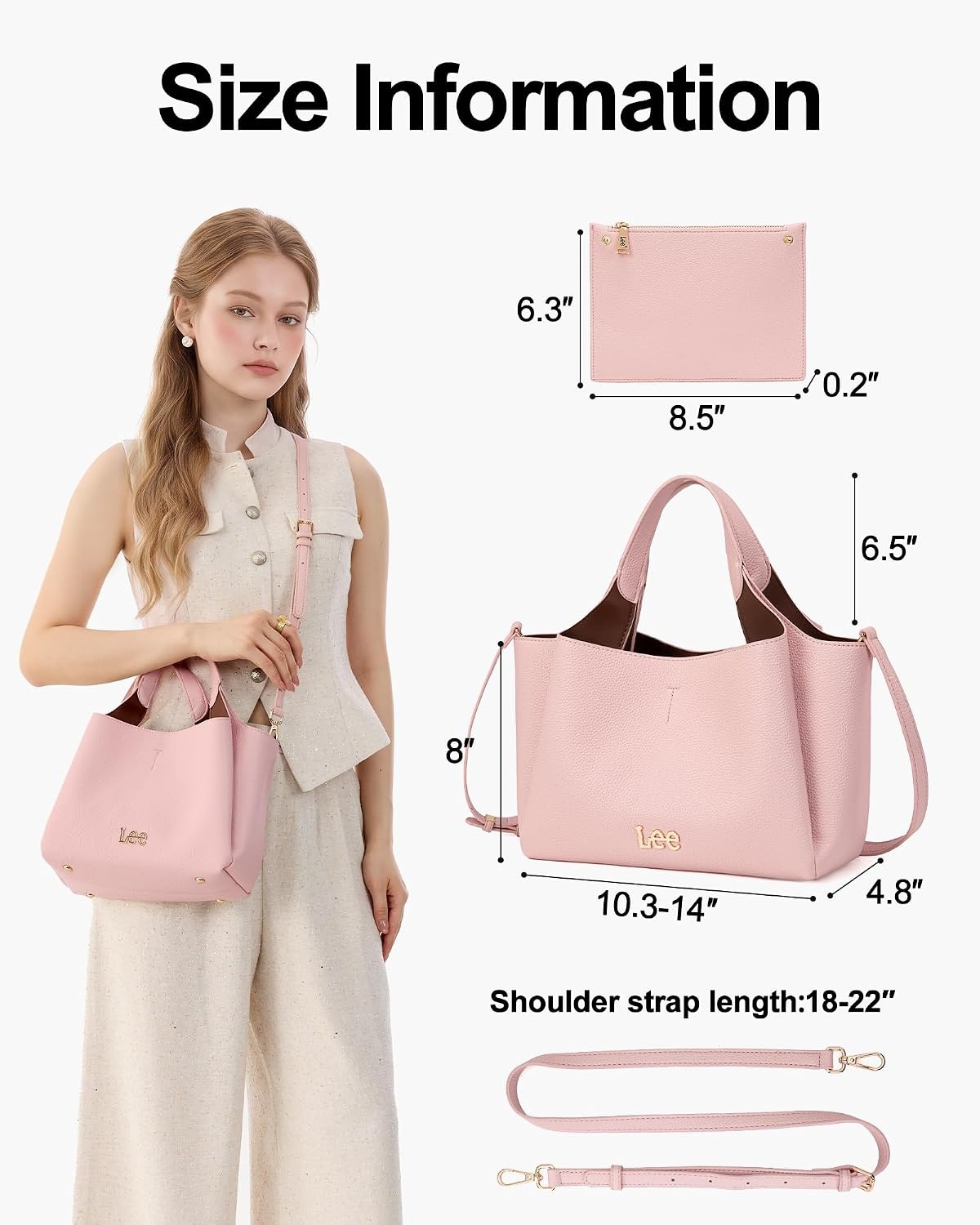 image:imageLee Womens TopHandle Handbags Leather Tote Bag with Two Detachable PursePink