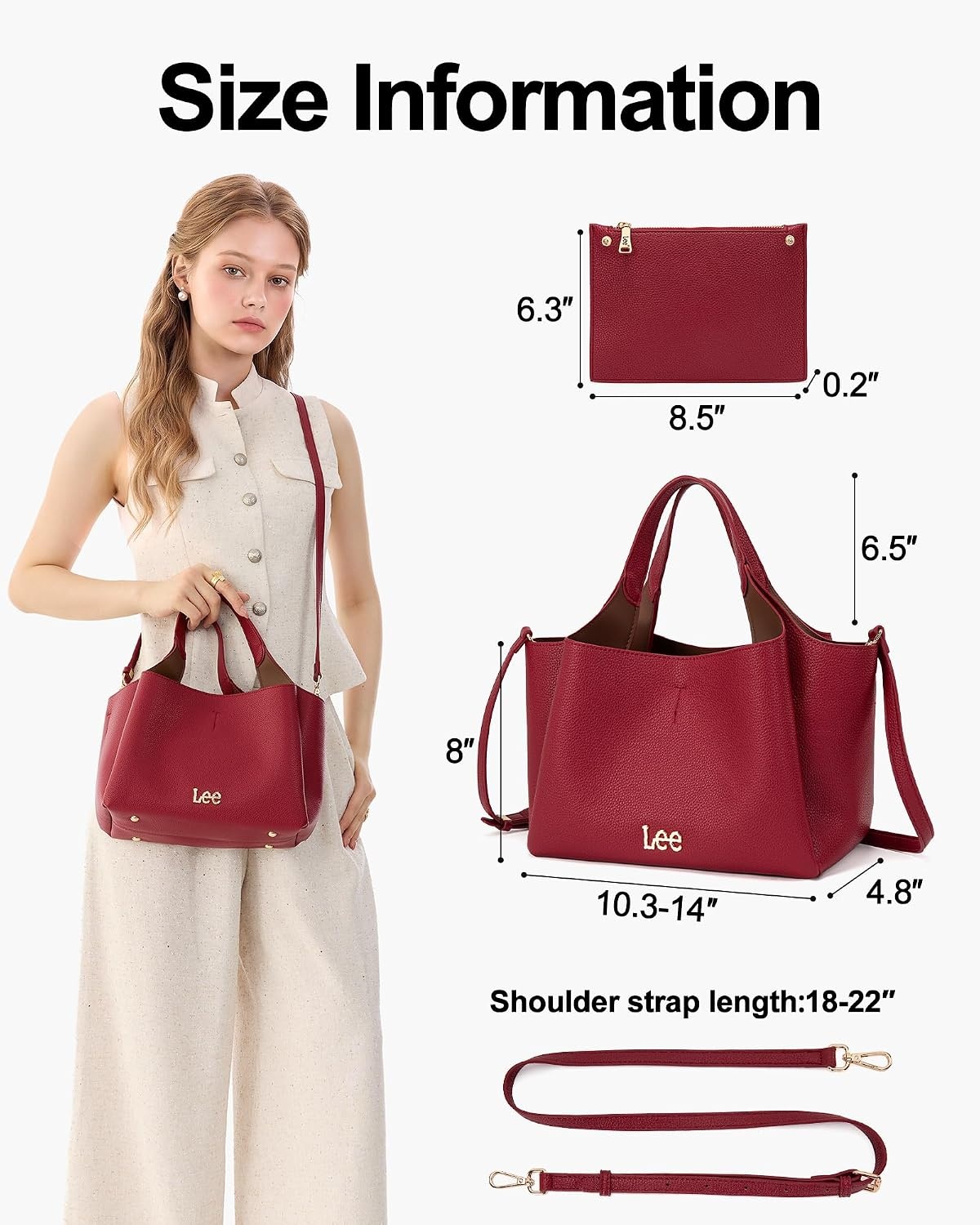 image:imageLee Womens TopHandle Handbags Leather Tote Bag with Two Detachable PurseRed