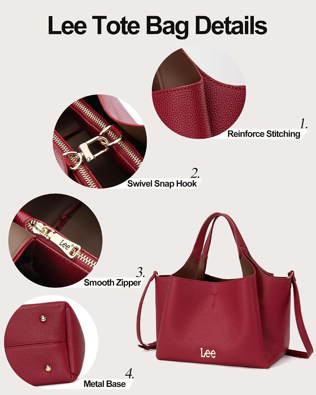 image:imageLee Womens TopHandle Handbags Leather Tote Bag with Two Detachable PurseRed