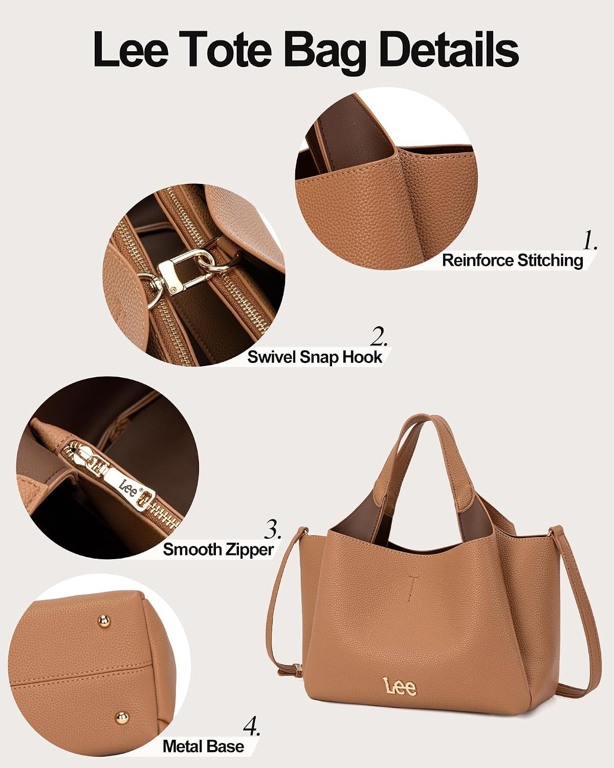 image:imageLee Womens TopHandle Handbags Leather Tote Bag with Two Detachable PurseTan