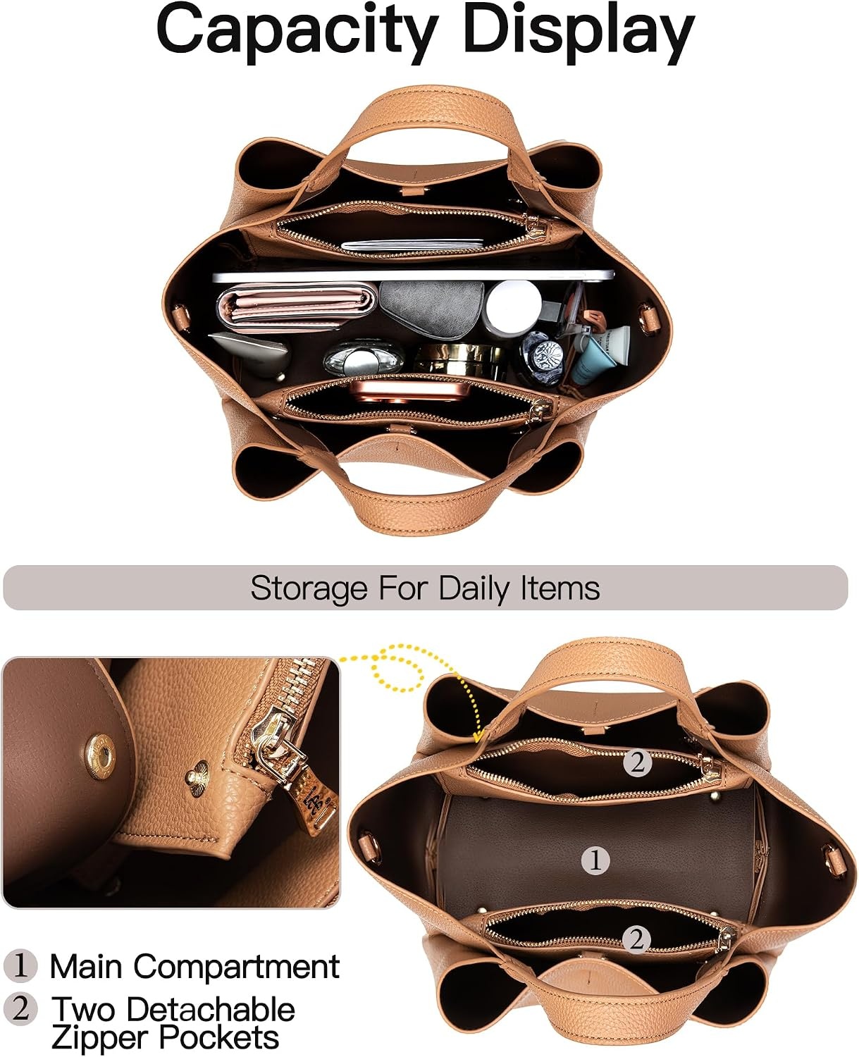 image:imageLee Womens TopHandle Handbags Leather Tote Bag with Two Detachable PurseTan