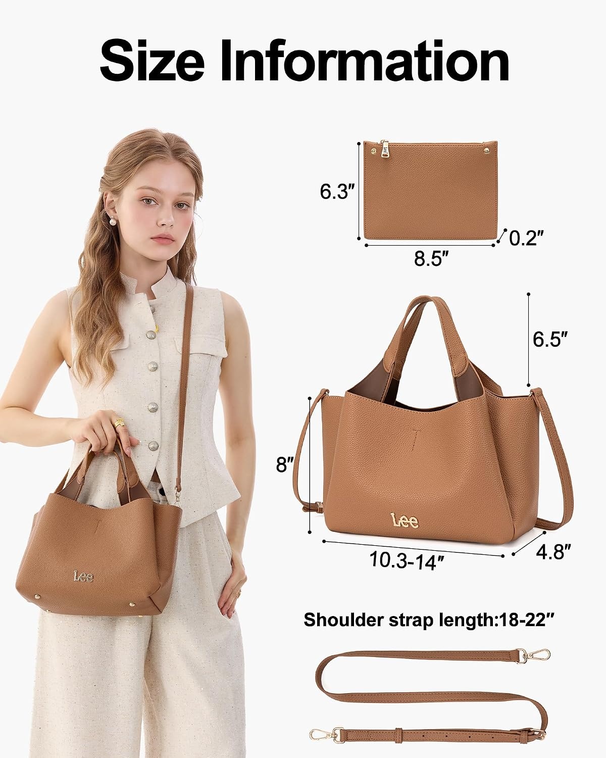 image:imageLee Womens TopHandle Handbags Leather Tote Bag with Two Detachable PurseTan