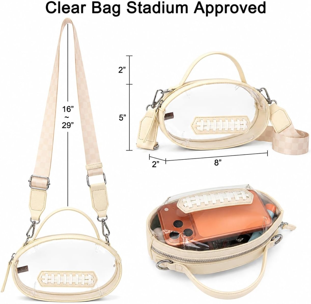 image:imageNCAA Football Shape Clear Bag for Stadium Events Clear Transparent Bags for Concerts Festivals Game DaySwbeige