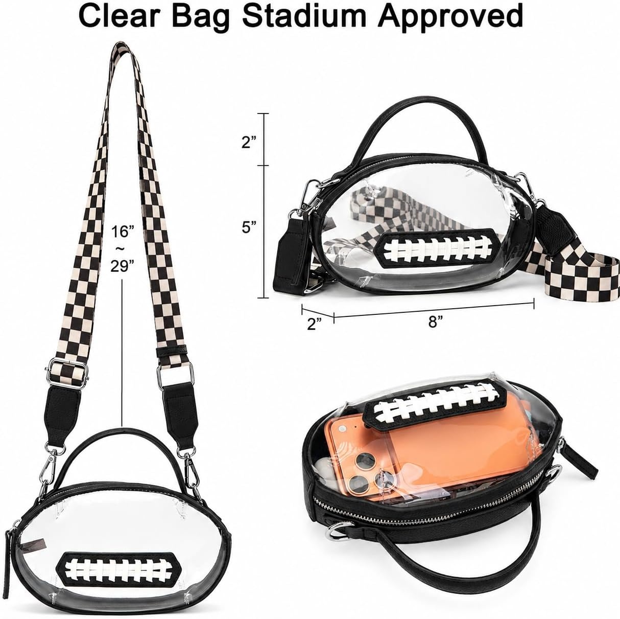 image:imageNCAA Football Shape Clear Bag for Stadium Events Clear Transparent Bags for Concerts Festivals Game DaySwblack