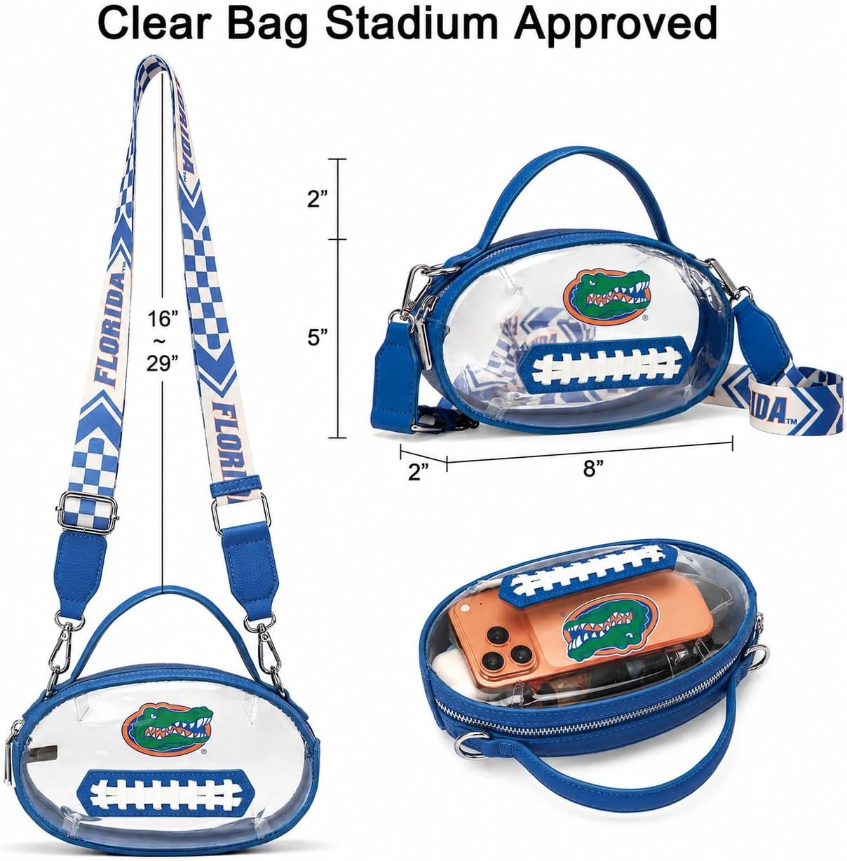 image:imageNCAA Football Shape Clear Bag for Stadium Events Clear Transparent Bags for Concerts Festivals Game DayUfblue
