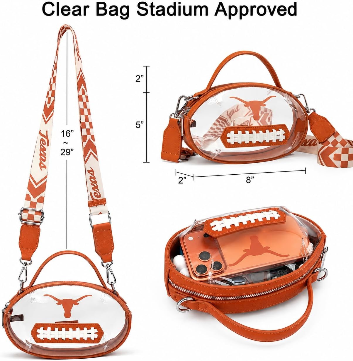 image:imageNCAA Football Shape Clear Bag for Stadium Events Clear Transparent Bags for Concerts Festivals Game DayUtbrown