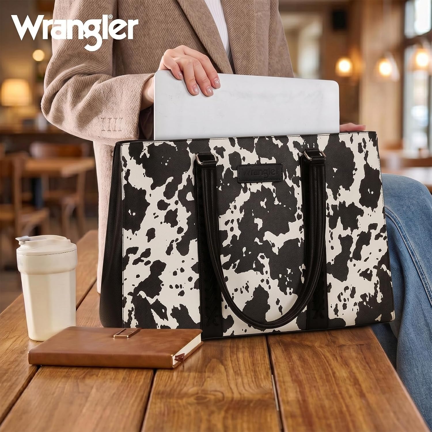 image:imageMontana West Wrangler Laptop Tote Bag for Women 156 Inch Computer Bag for Work Large Double Compartment Purse and HandbagCow Print Black