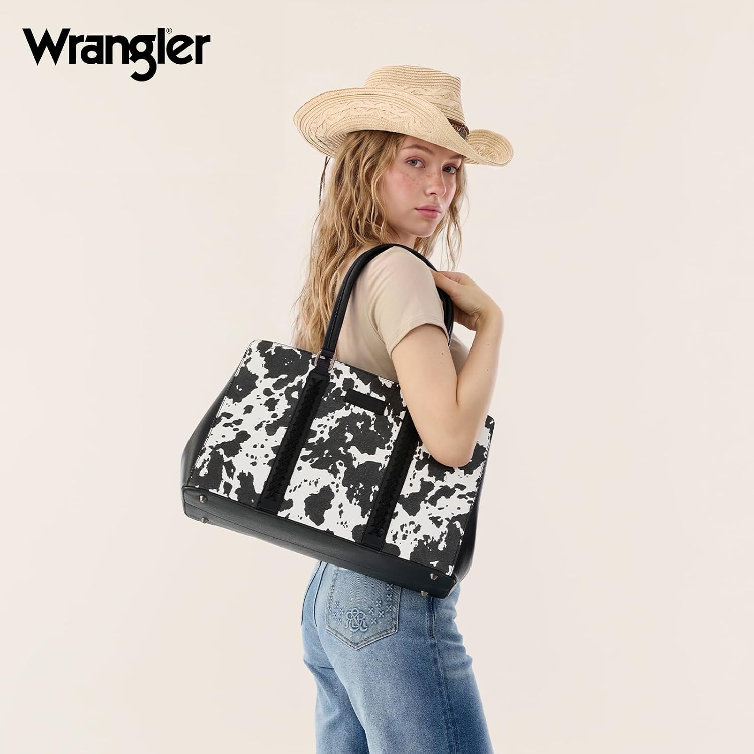 image:imageMontana West Wrangler Laptop Tote Bag for Women 156 Inch Computer Bag for Work Large Double Compartment Purse and HandbagCow Print Black