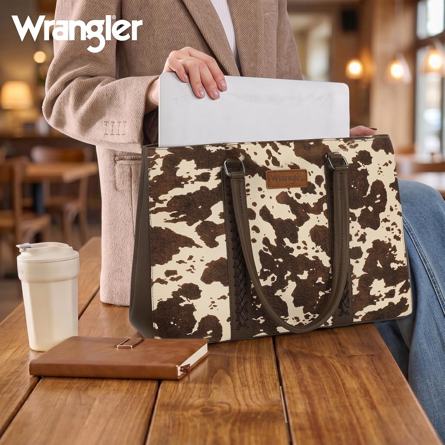 image:imageMontana West Wrangler Laptop Tote Bag for Women 156 Inch Computer Bag for Work Large Double Compartment Purse and HandbagCow Print Brown