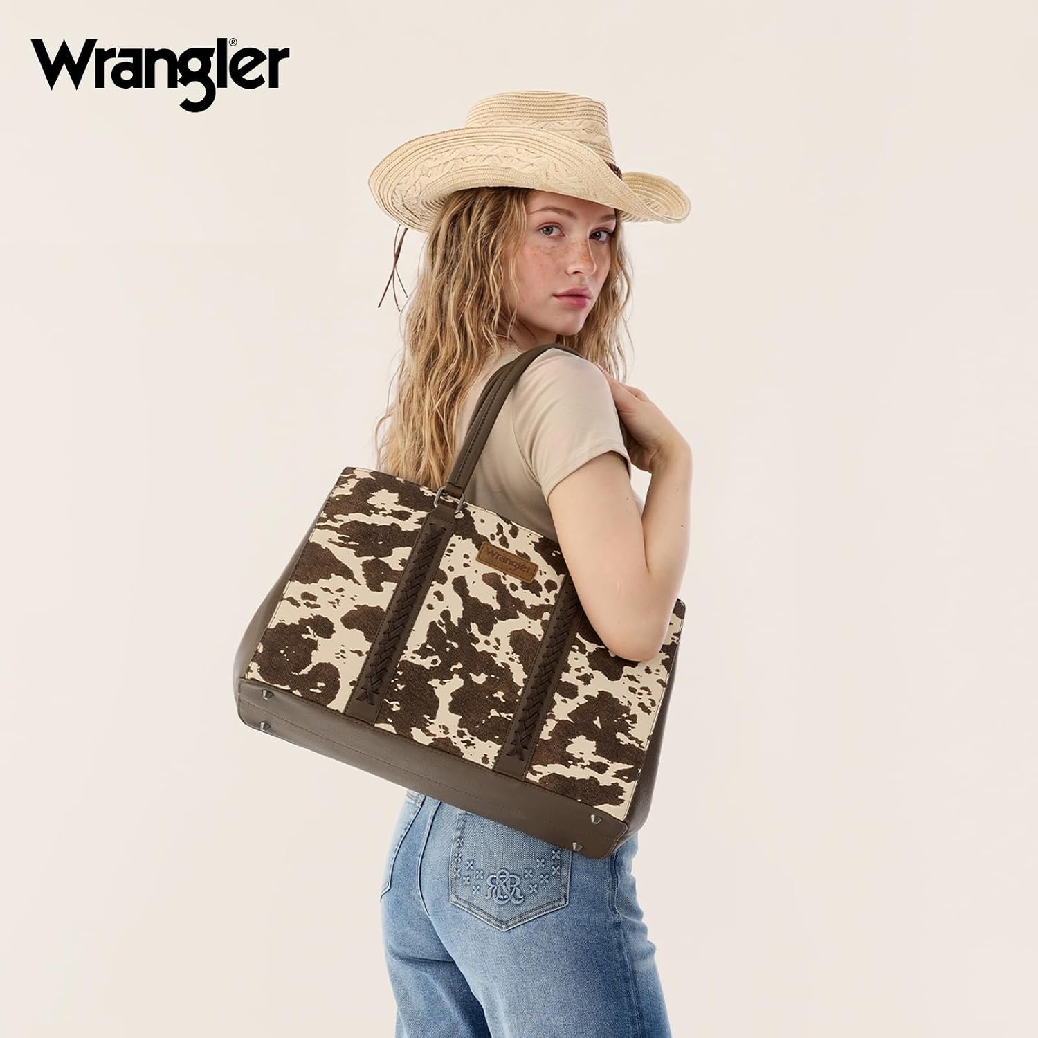 image:imageMontana West Wrangler Laptop Tote Bag for Women 156 Inch Computer Bag for Work Large Double Compartment Purse and HandbagCow Print Brown