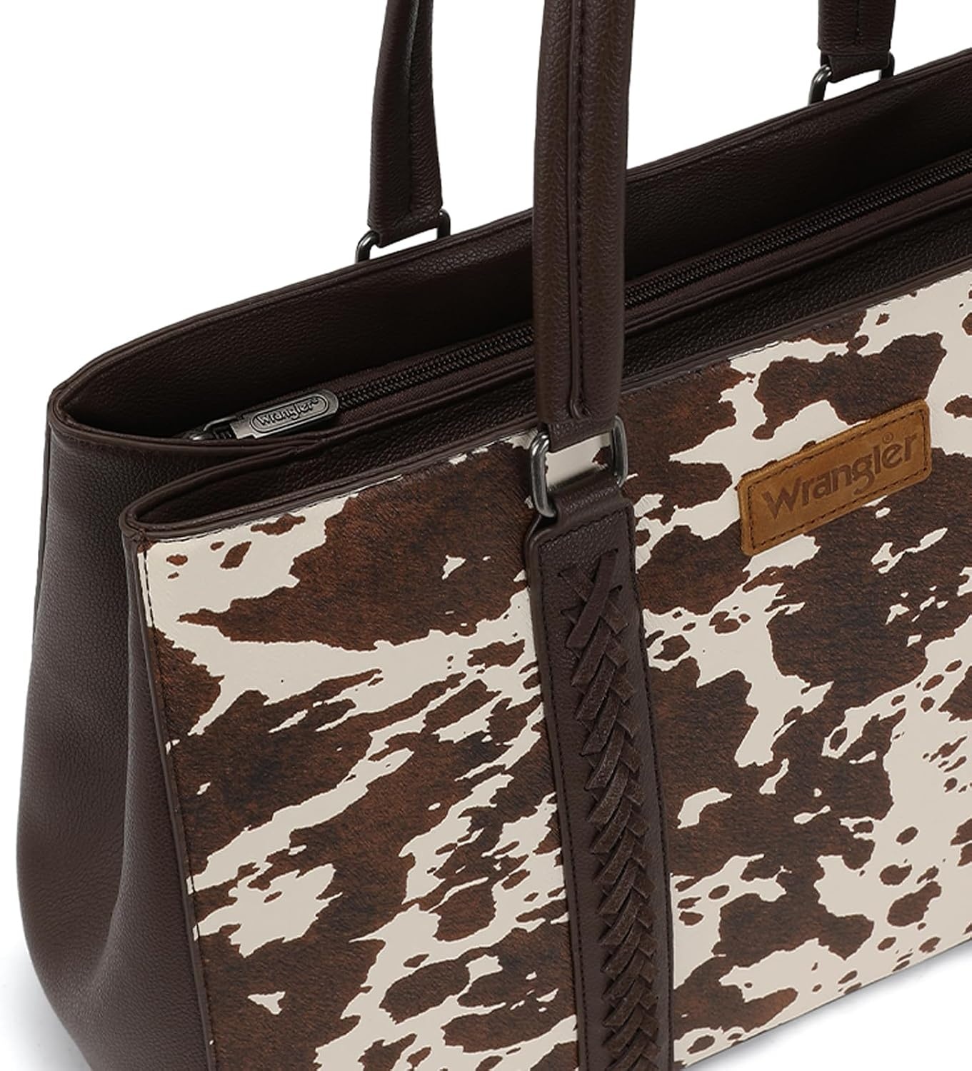 image:imageMontana West Wrangler Laptop Tote Bag for Women 156 Inch Computer Bag for Work Large Double Compartment Purse and HandbagCow Print Coffee