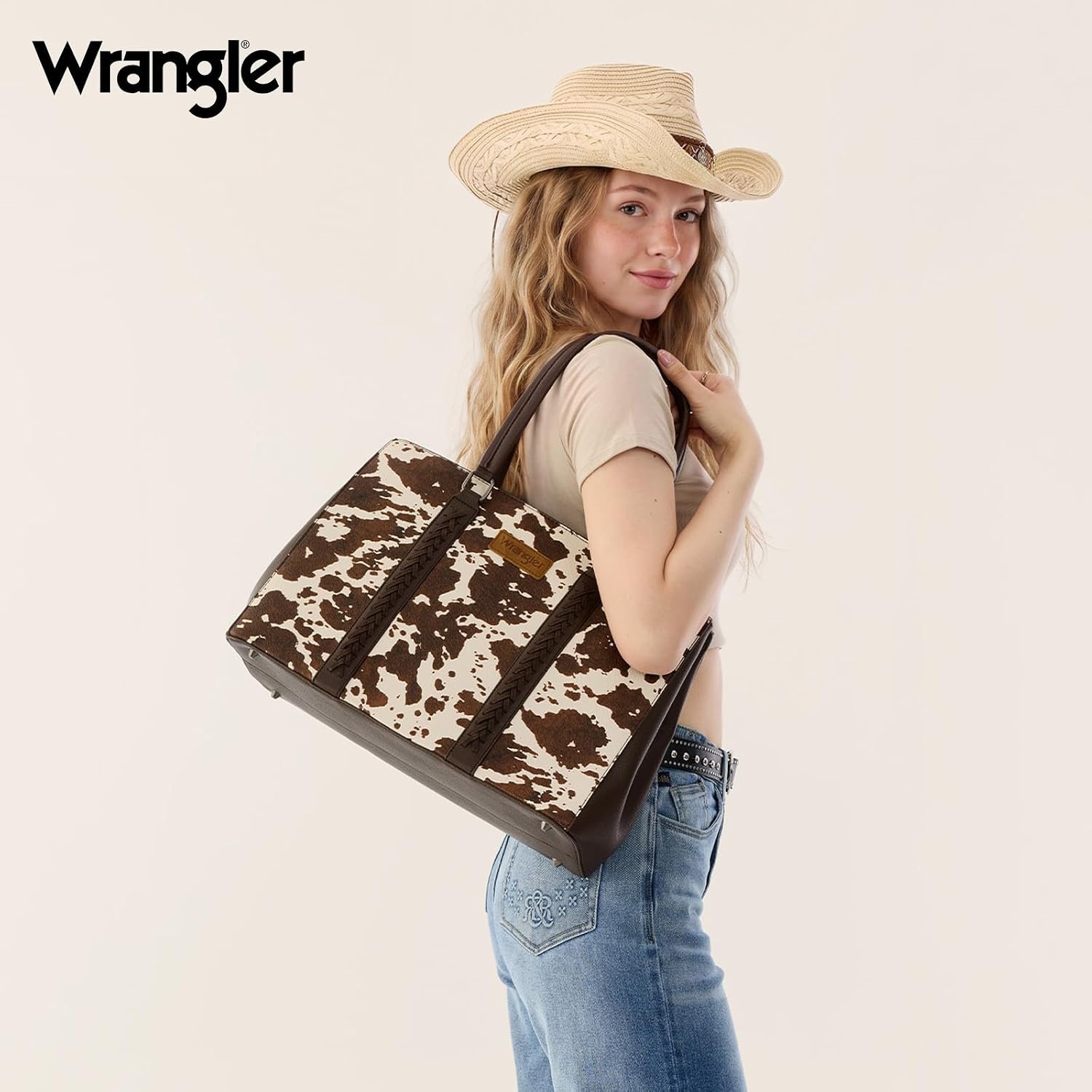 image:imageMontana West Wrangler Laptop Tote Bag for Women 156 Inch Computer Bag for Work Large Double Compartment Purse and HandbagCow Print Coffee