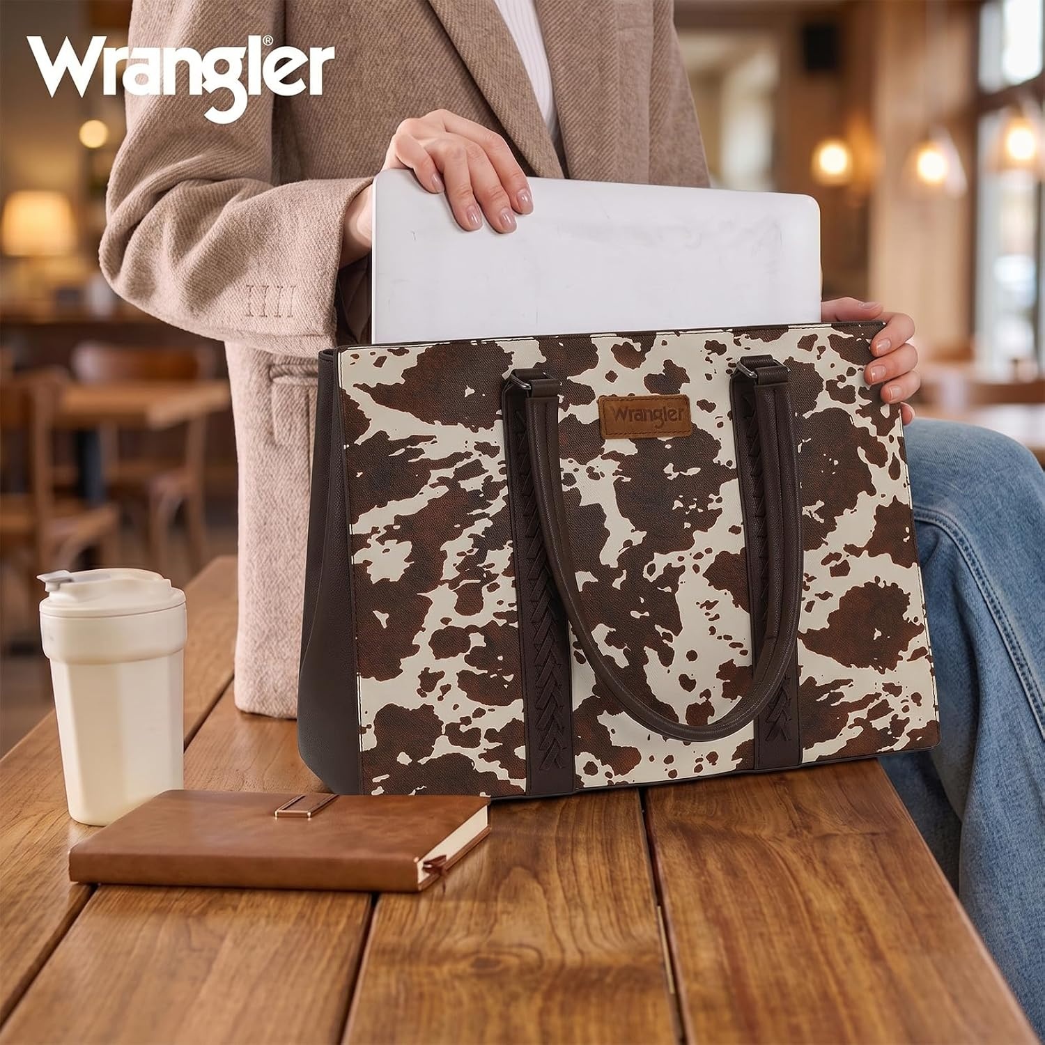 image:imageMontana West Wrangler Laptop Tote Bag for Women 156 Inch Computer Bag for Work Large Double Compartment Purse and HandbagCow Print Coffee