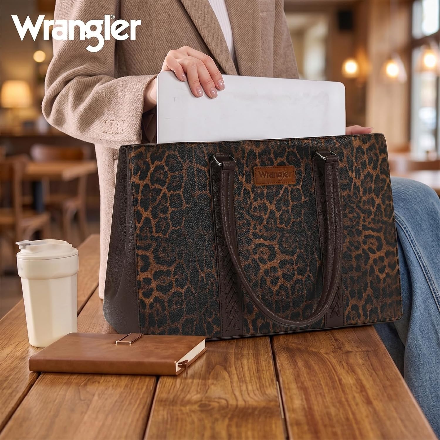 image:imageMontana West Wrangler Laptop Tote Bag for Women 156 Inch Computer Bag for Work Large Double Compartment Purse and HandbagLeopard Print Coffee