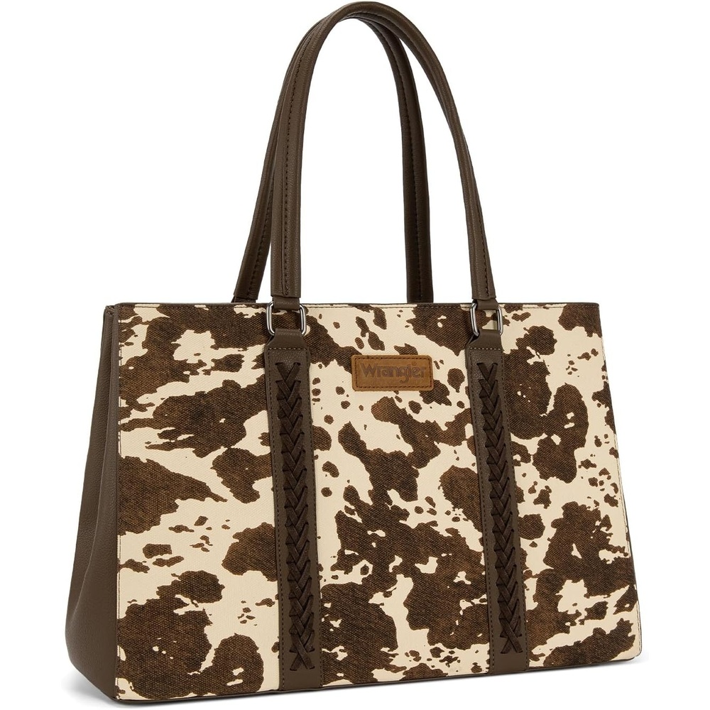 image:imageMontana West Wrangler Laptop Tote Bag for Women 156 Inch Computer Bag for Work Large Double Compartment Purse and HandbagCow Print Brown