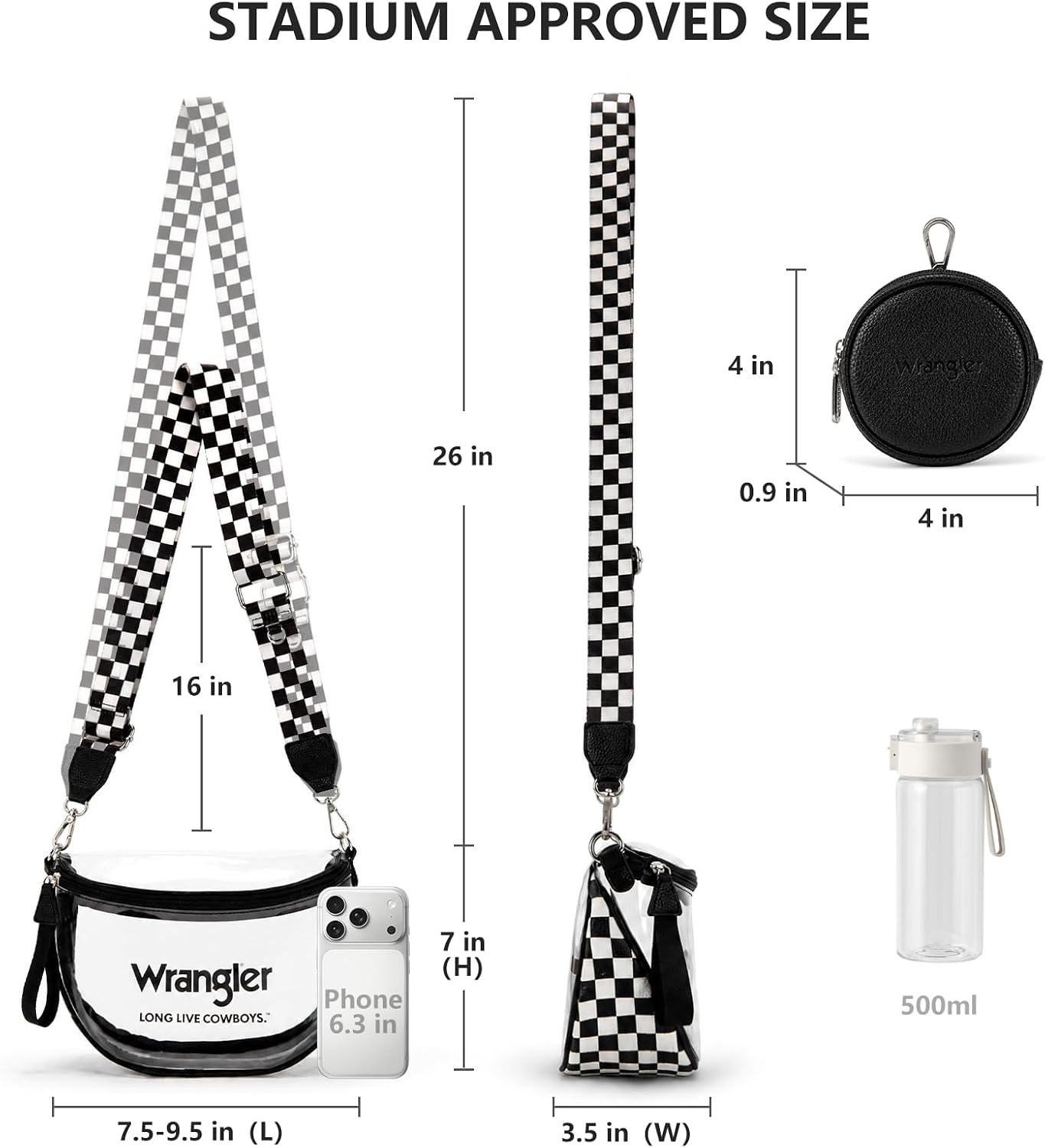 image:imageWrangler Clear Bum Bag for Stadium Events Crossbody Bag with PouchCheckeredblack