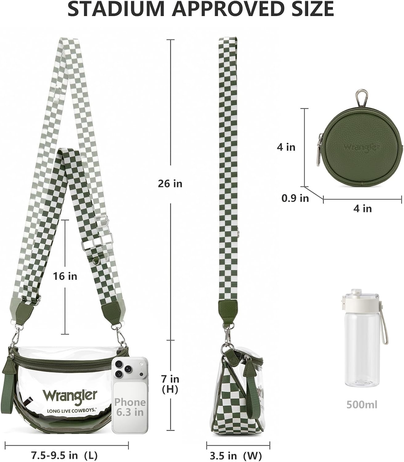 image:imageWrangler Clear Bum Bag for Stadium Events Crossbody Bag with PouchCheckeredgreen