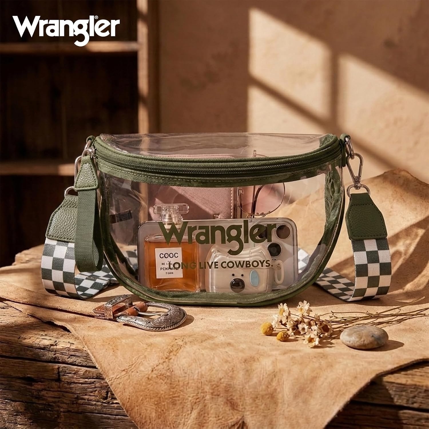 image:imageWrangler Clear Bum Bag for Stadium Events Crossbody Bag with PouchCheckeredgreen