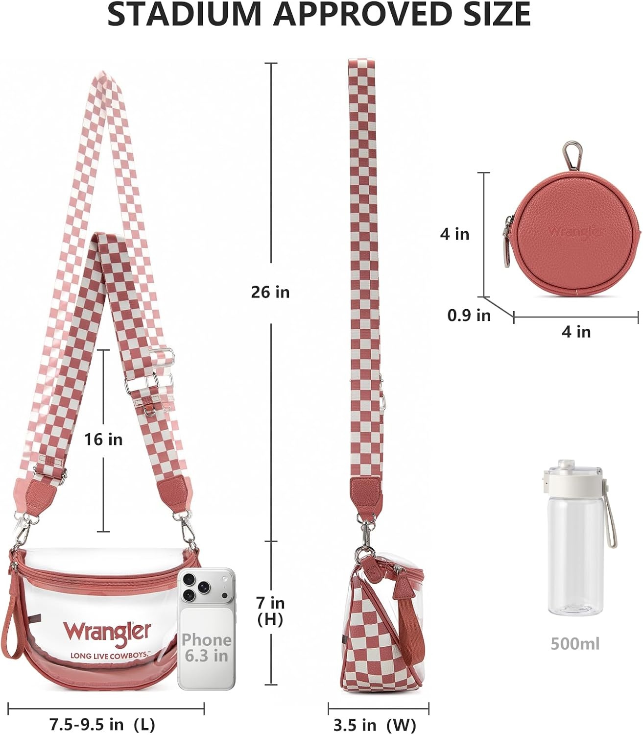 image:imageWrangler Clear Bum Bag for Stadium Events Crossbody Bag with PouchCheckeredpink