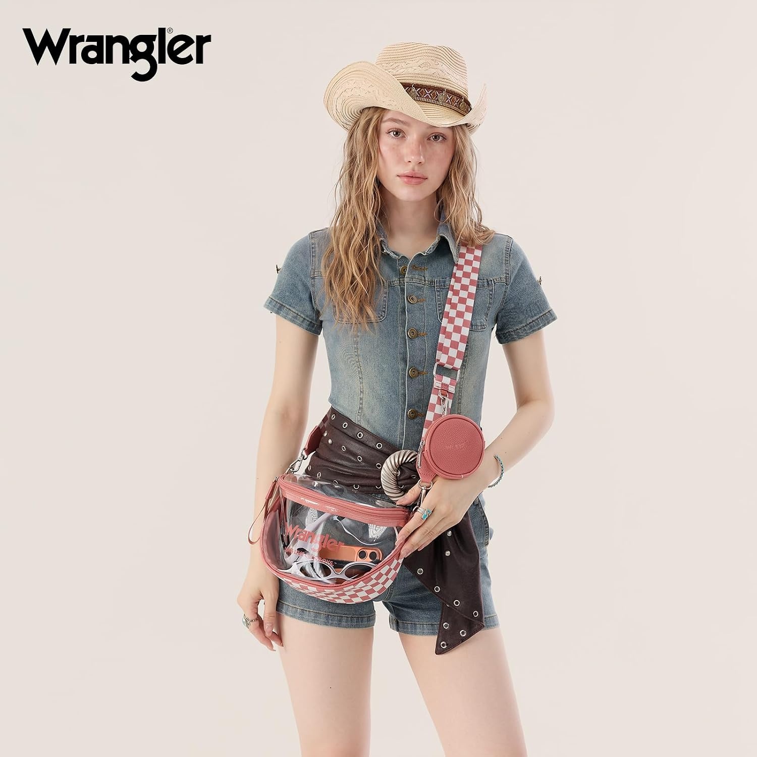 image:imageWrangler Clear Bum Bag for Stadium Events Crossbody Bag with PouchCheckeredpink