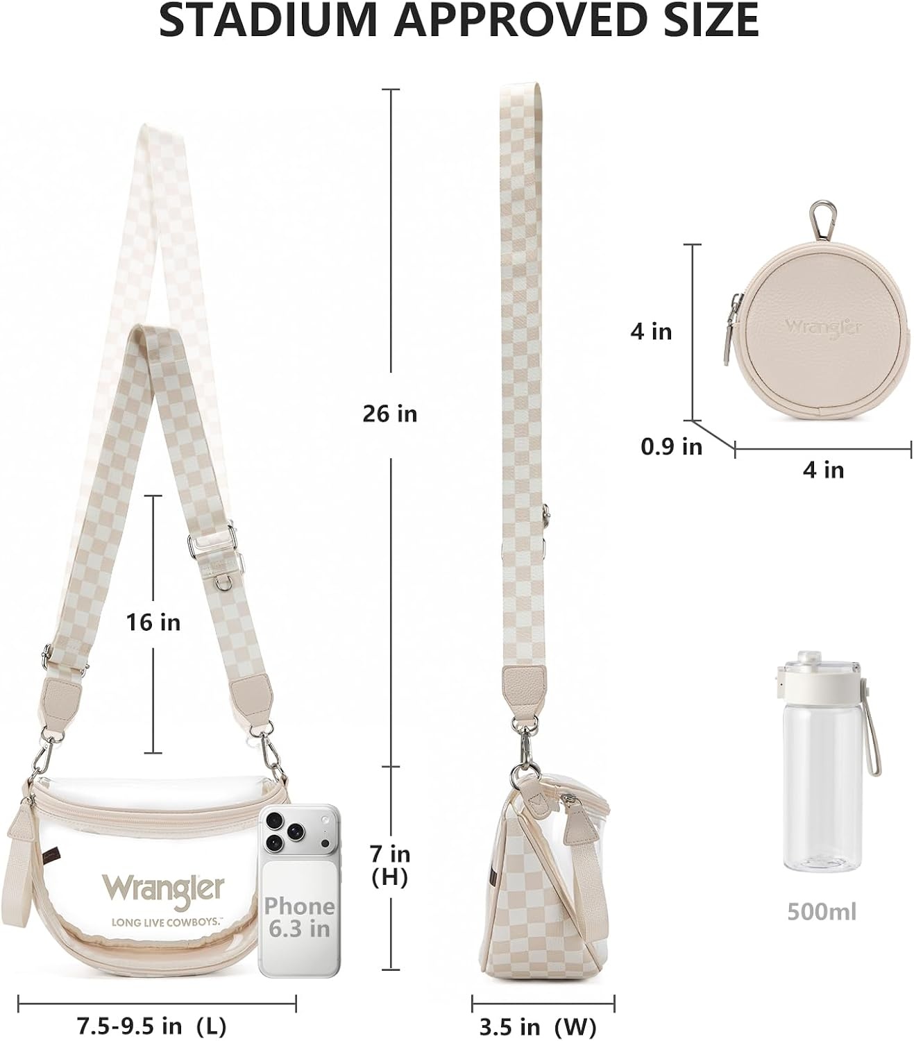 image:imageWrangler Clear Bum Bag for Stadium Events Crossbody Bag with PouchCheckeredtan