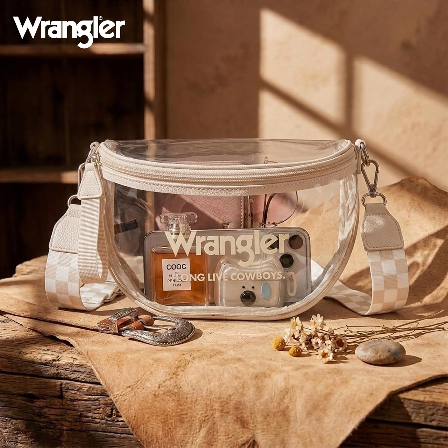 image:imageWrangler Clear Bum Bag for Stadium Events Crossbody Bag with PouchCheckeredtan