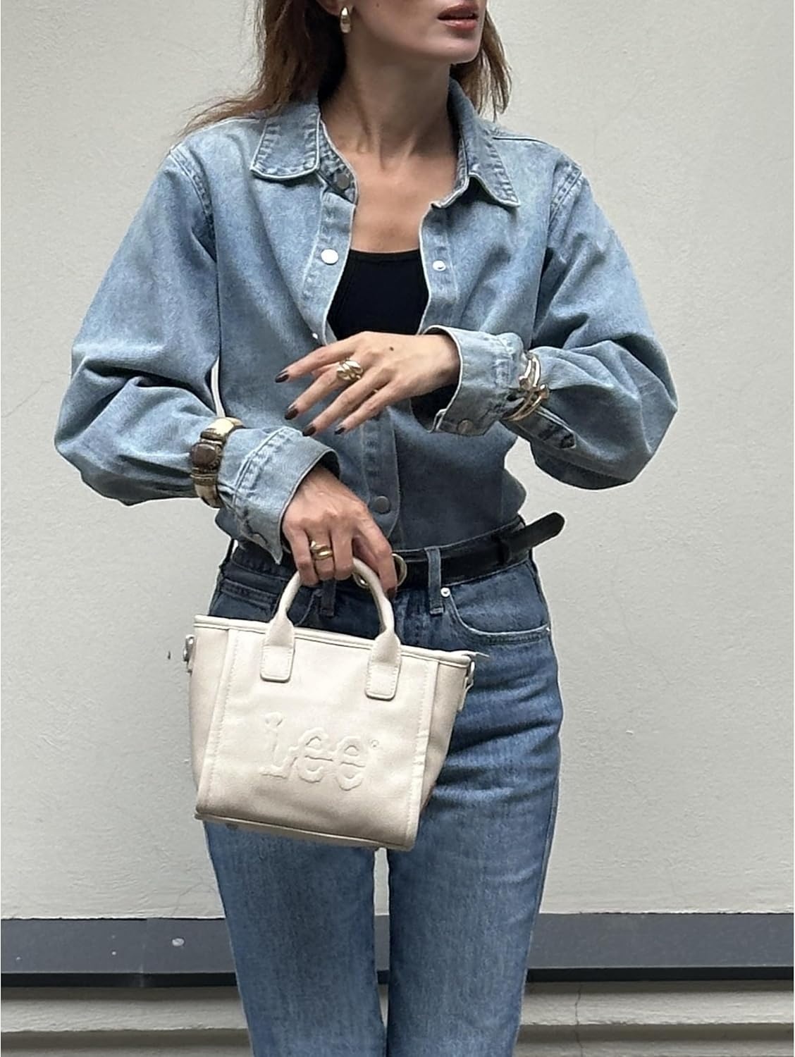 image:imageLee Vegan Leather amp Denim Tote Bag Duo Chic Versatile Combo for Everyday Style
