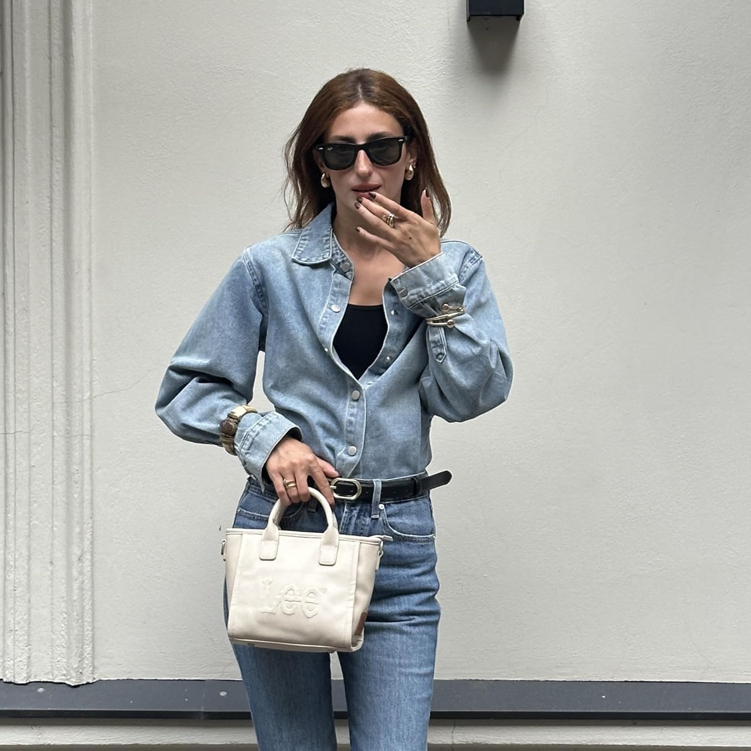 image:imageLee Vegan Leather amp Denim Tote Bag Duo Chic Versatile Combo for Everyday Style