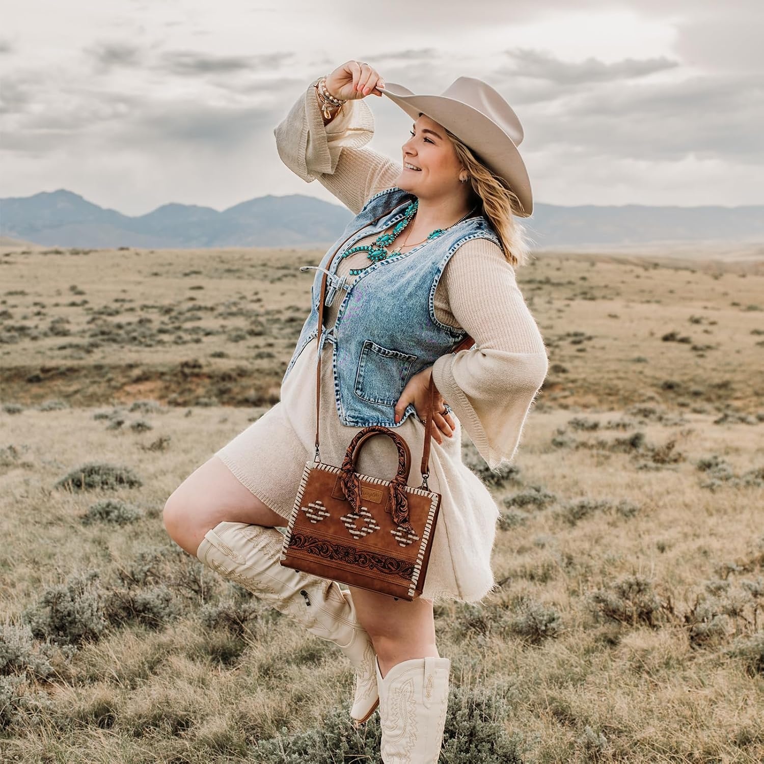 image:imageMontana West Wrangler Tooling Tote Bag for Women Western Satchel Handbags Tophandle Purses with ScarfBrown