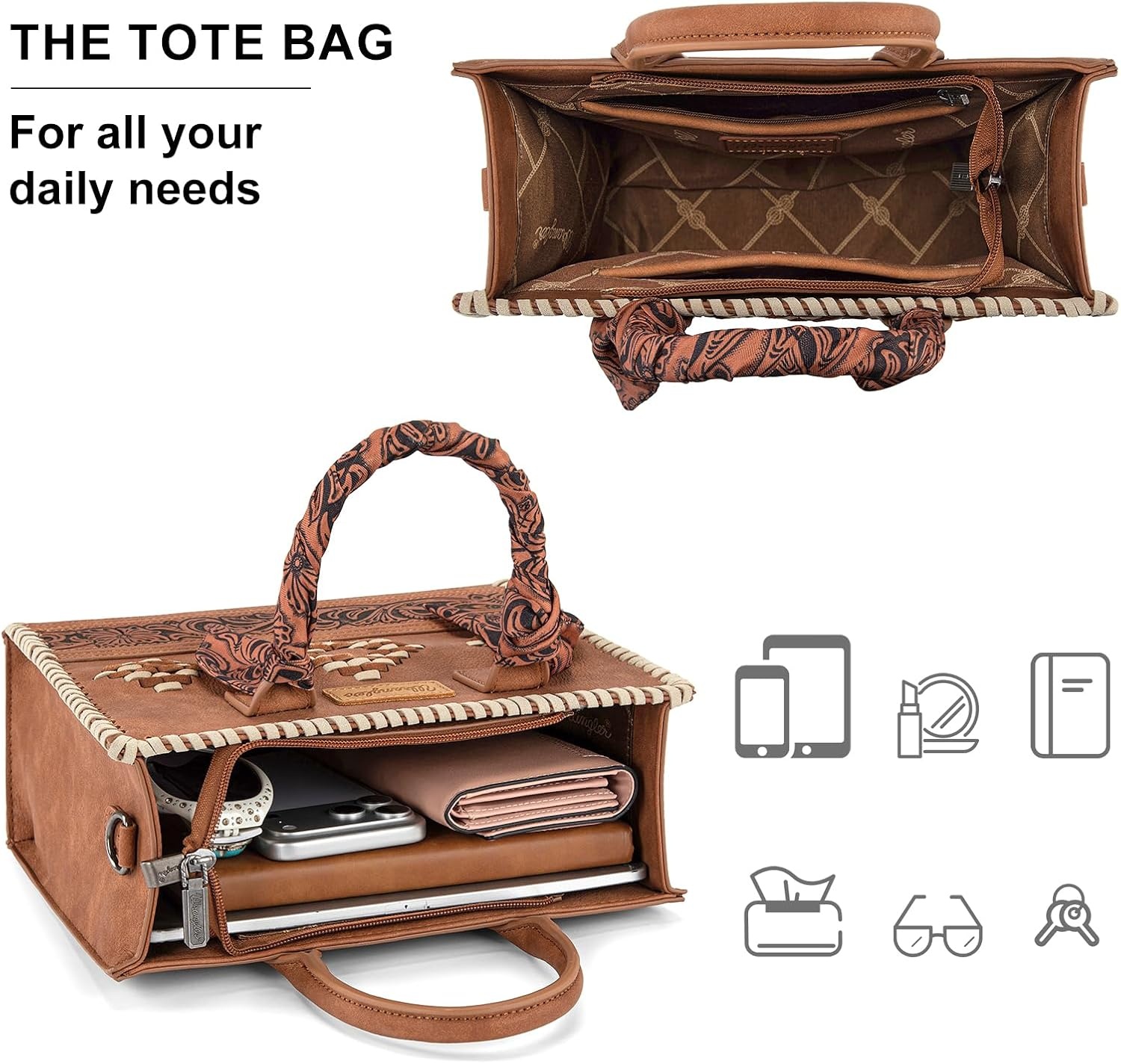 image:imageMontana West Wrangler Tooling Tote Bag for Women Western Satchel Handbags Tophandle Purses with ScarfBrown