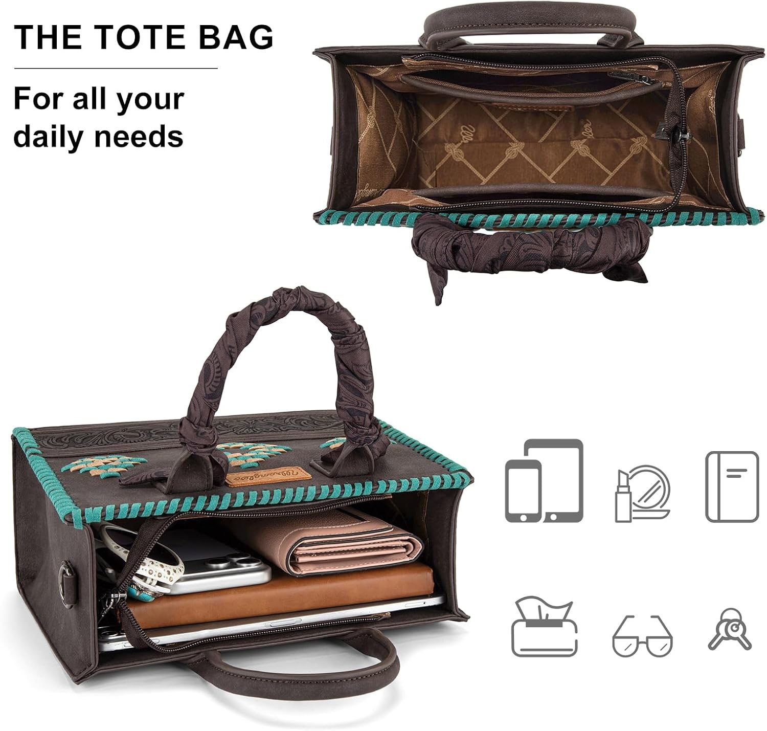 image:imageMontana West Wrangler Tooling Tote Bag for Women Western Satchel Handbags Tophandle Purses with ScarfCoffee
