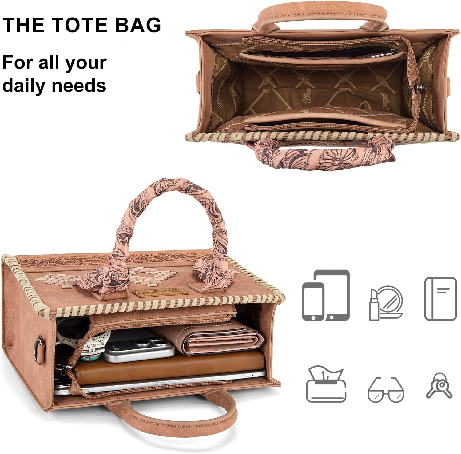 image:imageMontana West Wrangler Tooling Tote Bag for Women Western Satchel Handbags Tophandle Purses with ScarfDark Pink