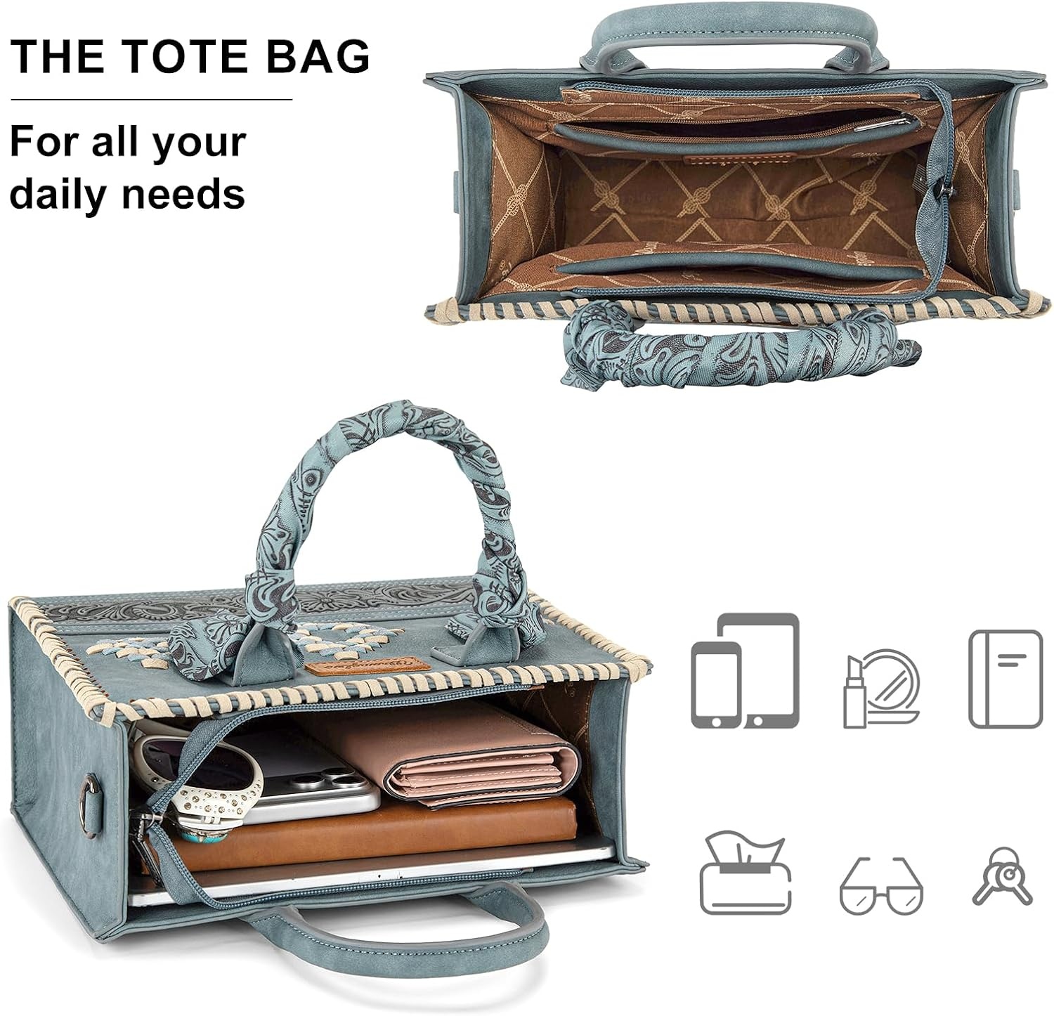 image:imageMontana West Wrangler Tooling Tote Bag for Women Western Satchel Handbags Tophandle Purses with ScarfJean