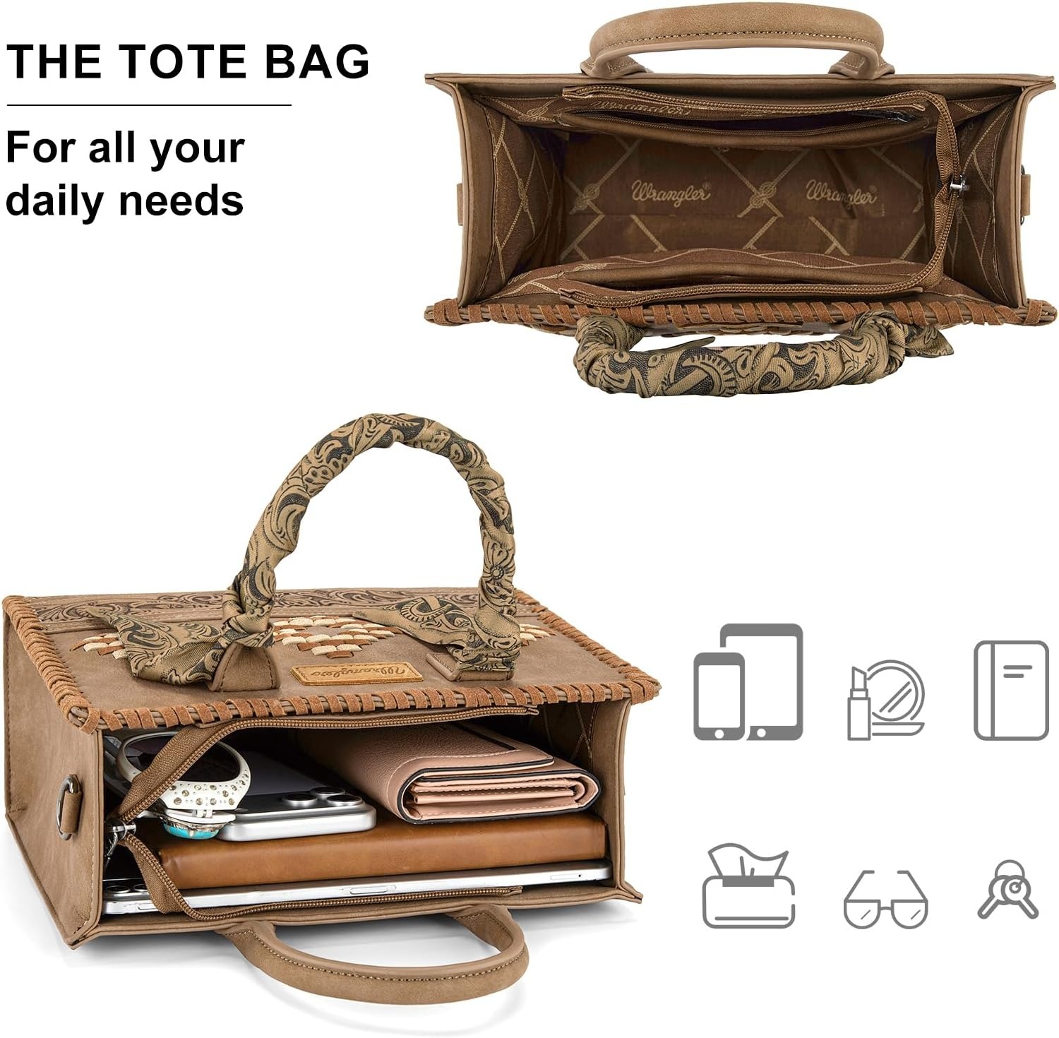 image:imageMontana West Wrangler Tooling Tote Bag for Women Western Satchel Handbags Tophandle Purses with ScarfKhaki