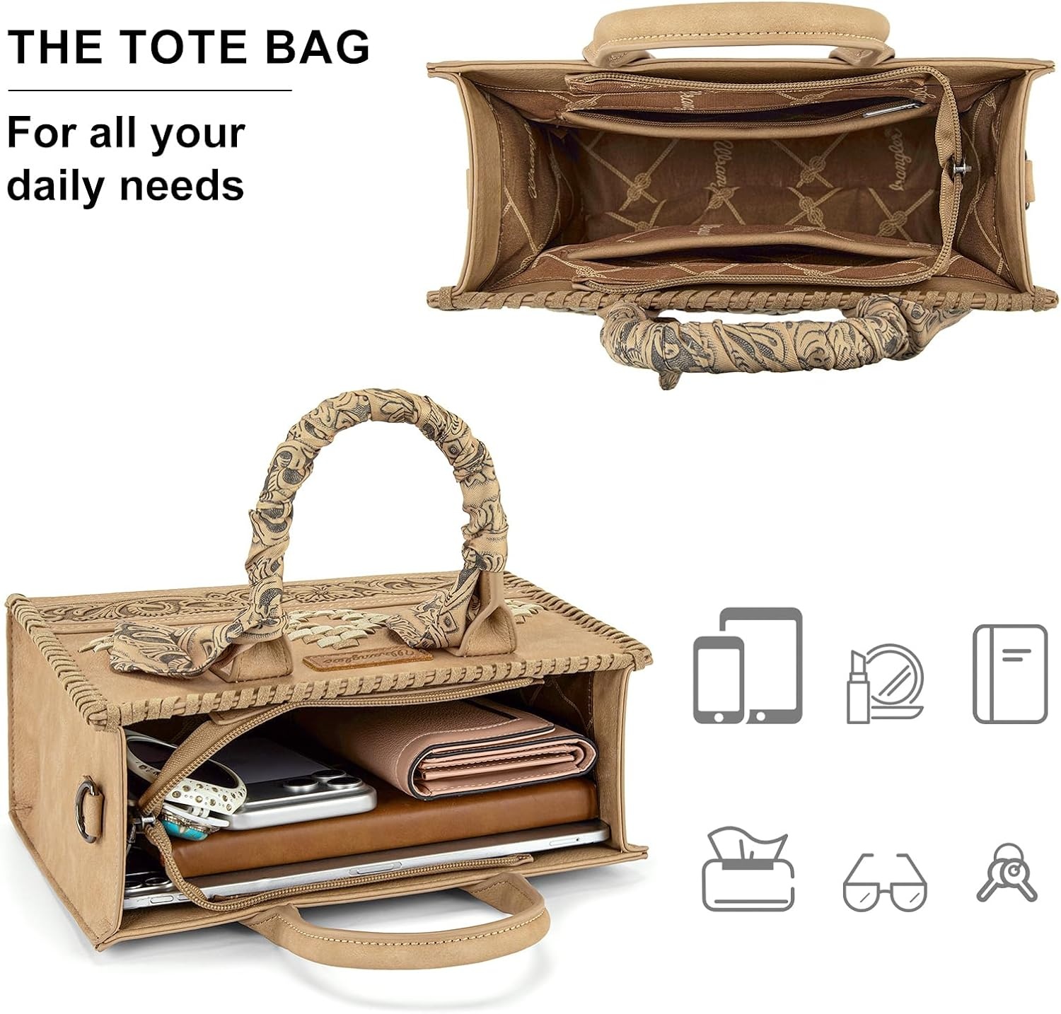 image:imageMontana West Wrangler Tooling Tote Bag for Women Western Satchel Handbags Tophandle Purses with ScarfTan