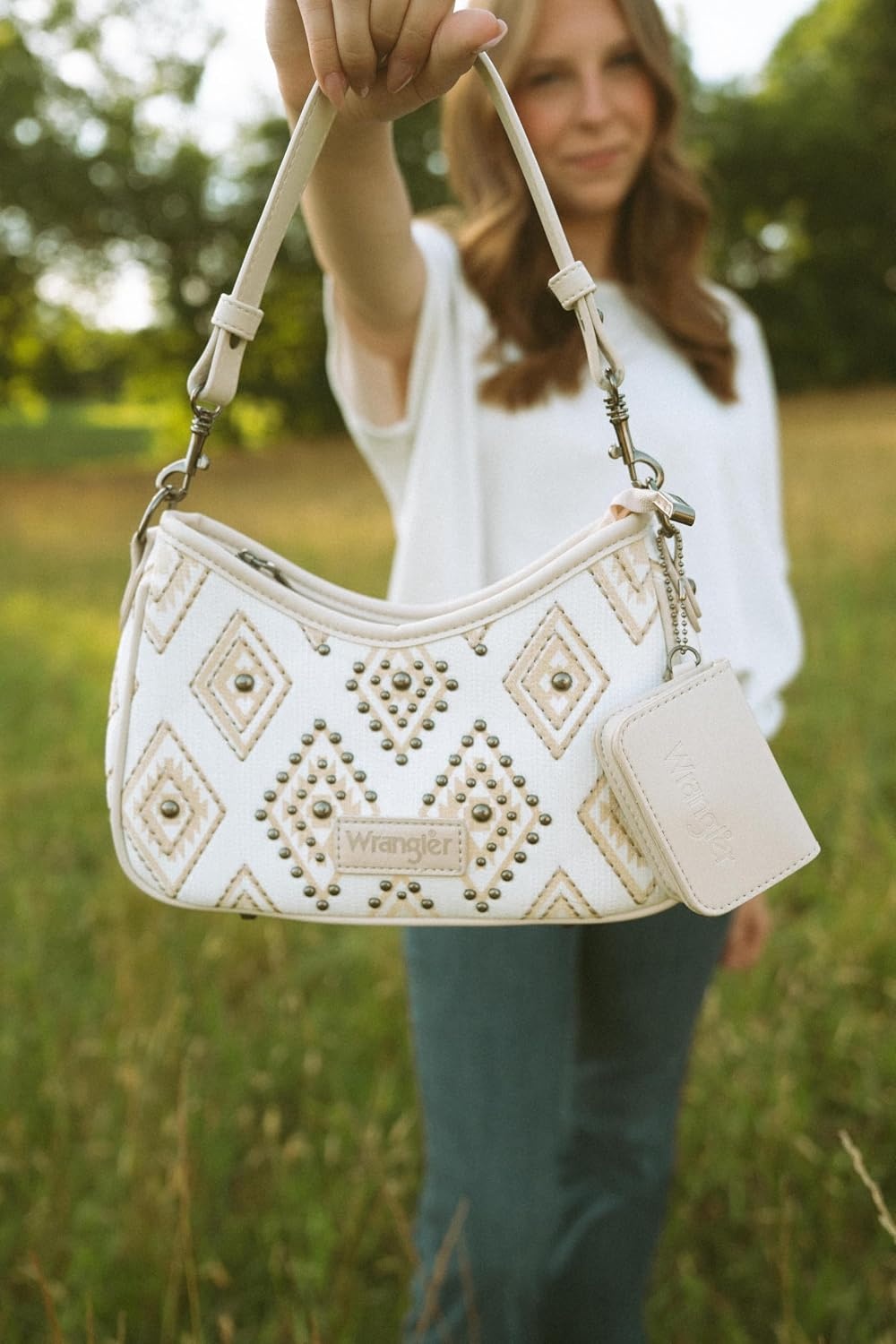image:imageWrangler Shoulder Bag for Women Denim Rivet Hobo Purse With Detachable PouchSet Beige