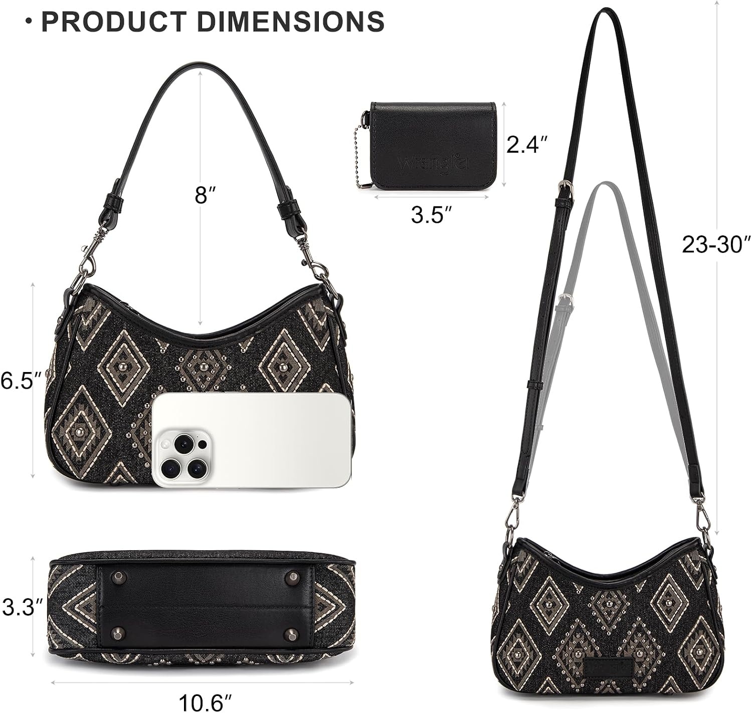 image:imageWrangler Shoulder Bag for Women Denim Rivet Hobo Purse With Detachable PouchSet Black