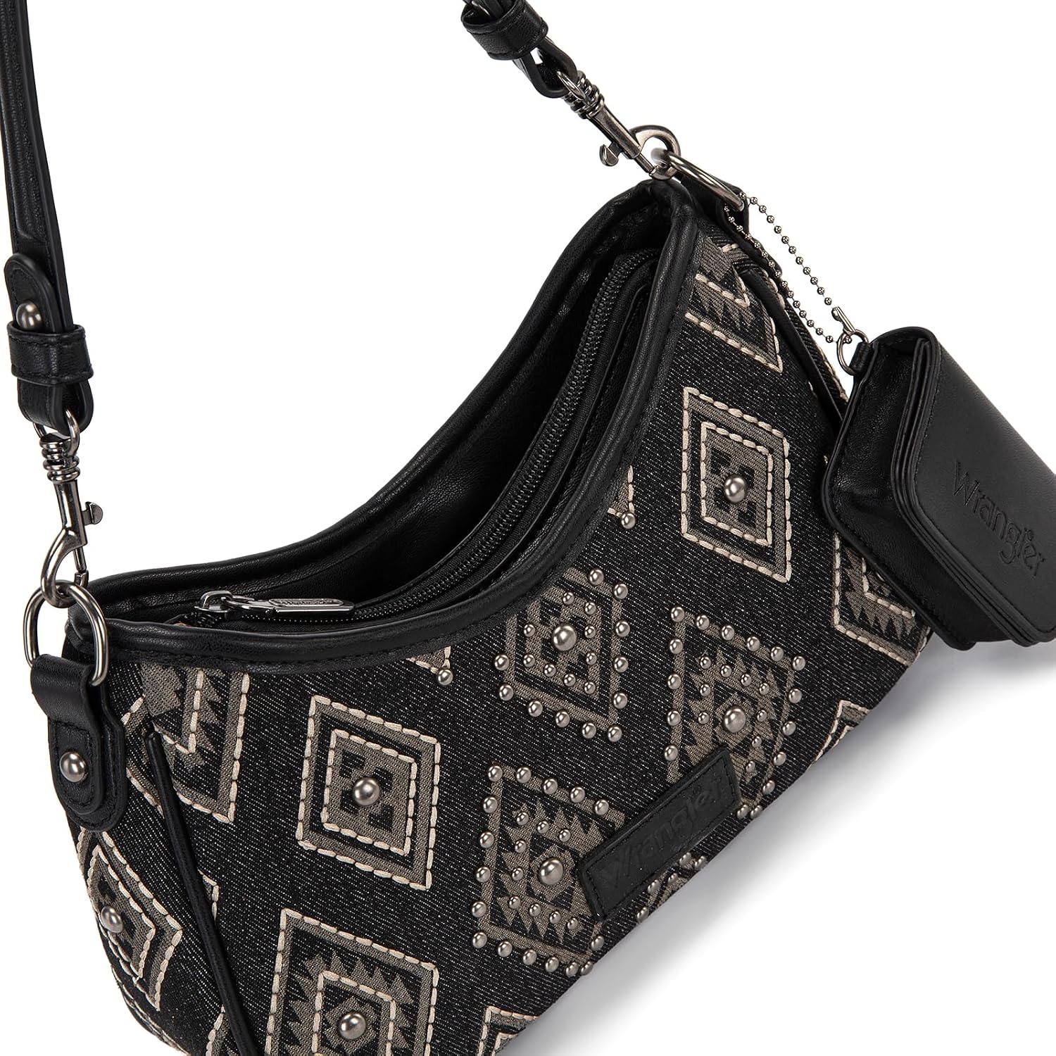 image:imageWrangler Shoulder Bag for Women Denim Rivet Hobo Purse With Detachable PouchSet Black