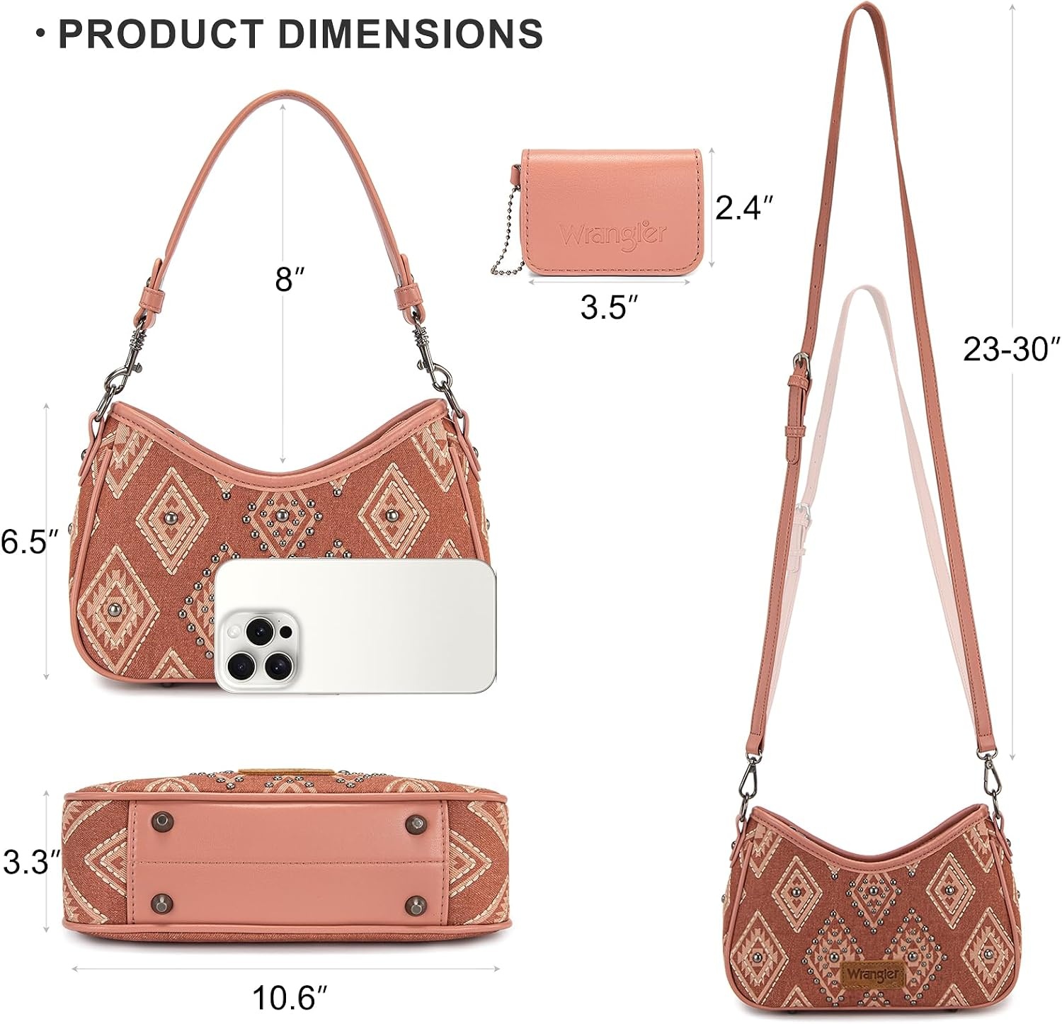 image:imageWrangler Shoulder Bag for Women Denim Rivet Hobo Purse With Detachable PouchSet Pink
