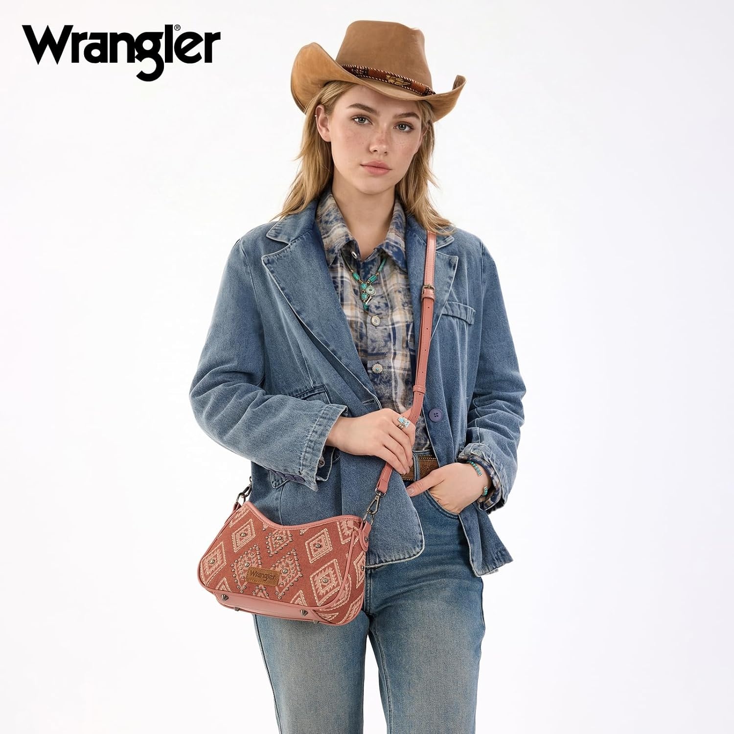image:imageWrangler Shoulder Bag for Women Denim Rivet Hobo Purse With Detachable PouchSet Pink