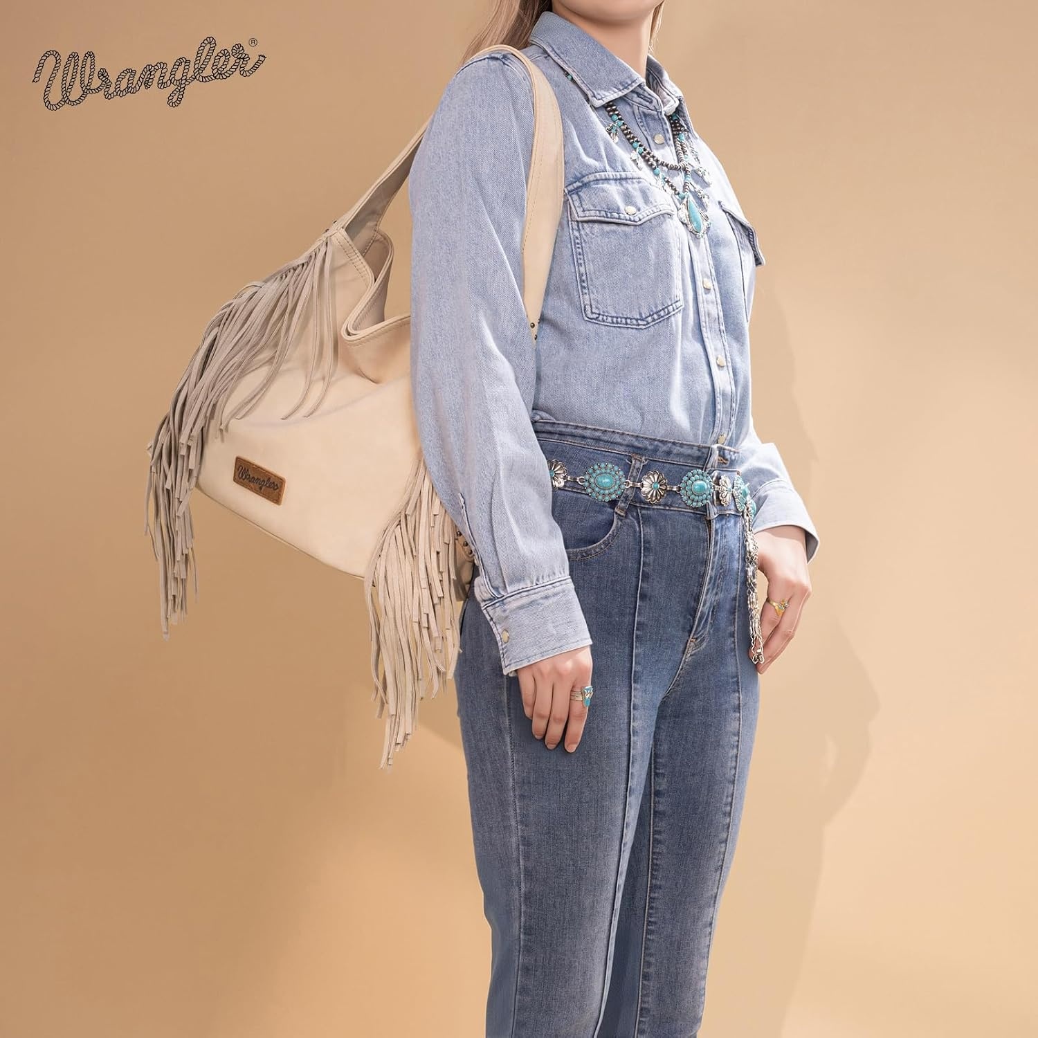 image:imageWrangler Suede Hobo Bag for Women Leather Fringe Western Purse Tassel Hippie Shoulder BagBeige