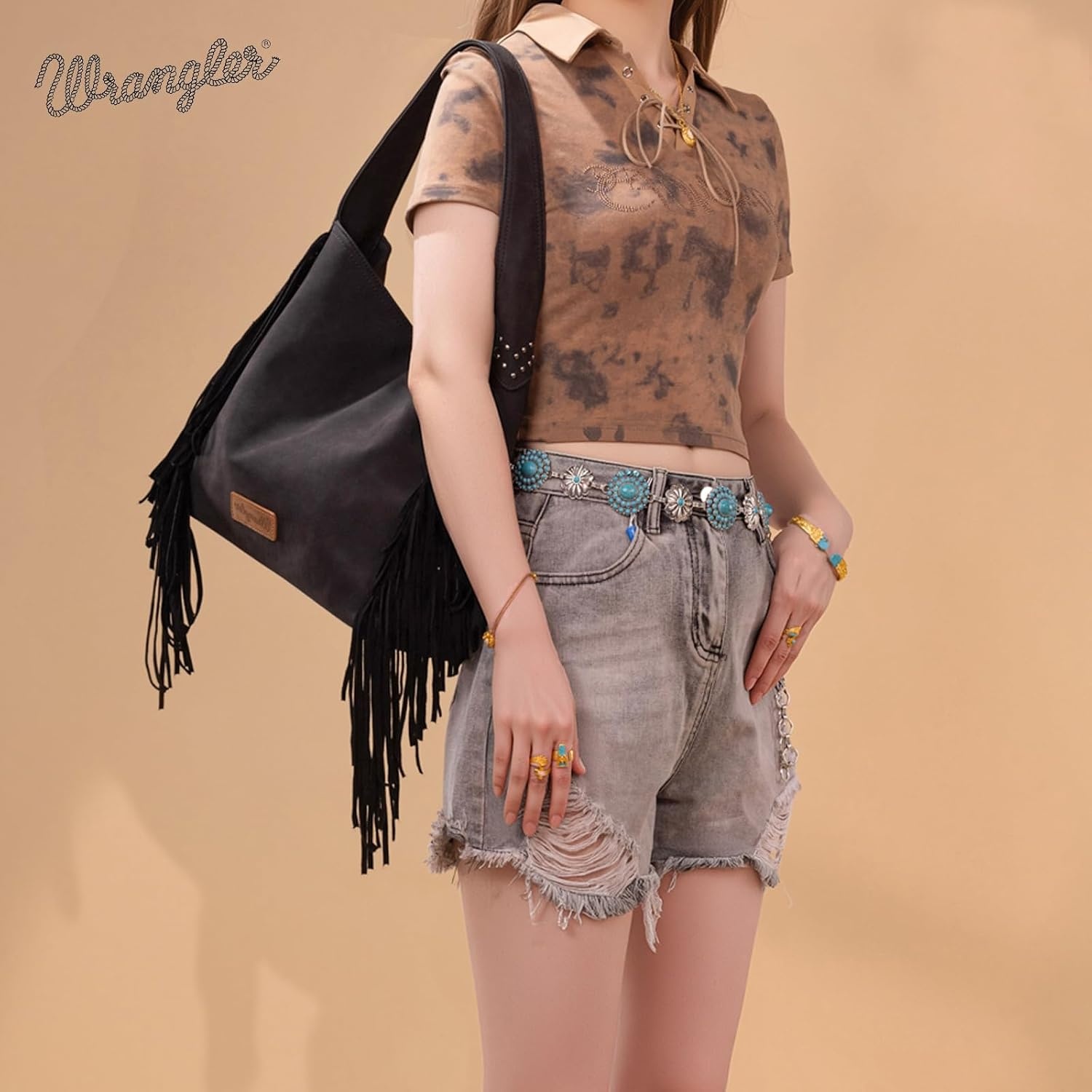 image:imageWrangler Suede Hobo Bag for Women Leather Fringe Western Purse Tassel Hippie Shoulder BagBlack