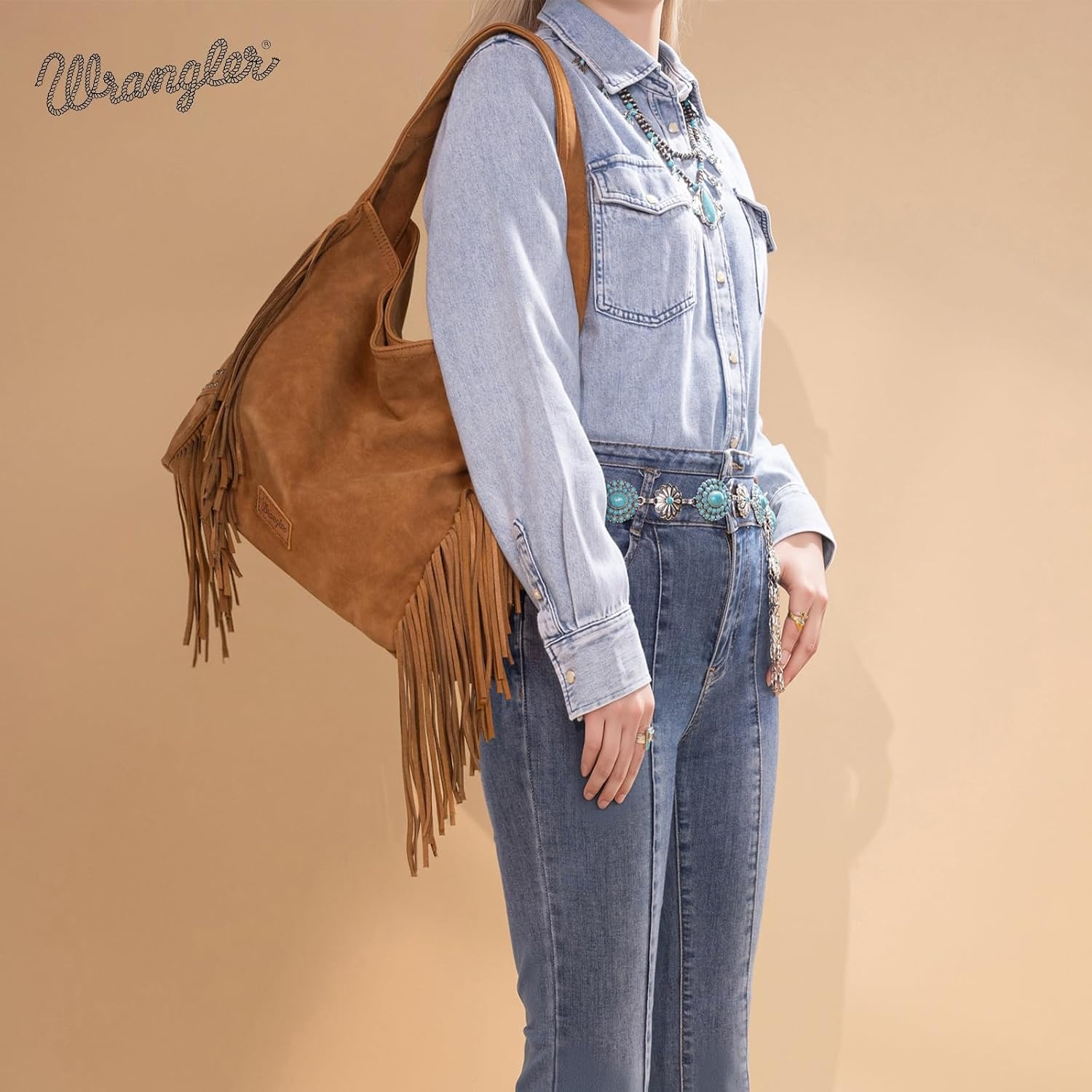 image:imageWrangler Suede Hobo Bag for Women Leather Fringe Western Purse Tassel Hippie Shoulder BagBright Brown