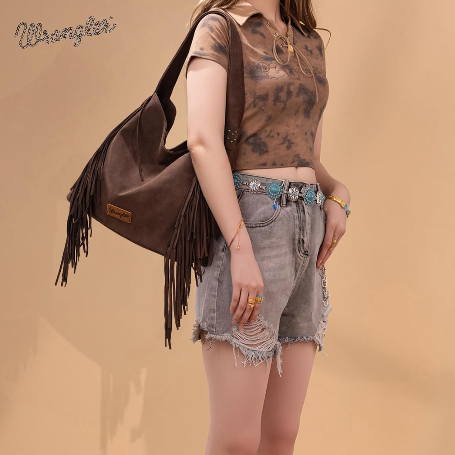 image:imageWrangler Suede Hobo Bag for Women Leather Fringe Western Purse Tassel Hippie Shoulder BagCoffee